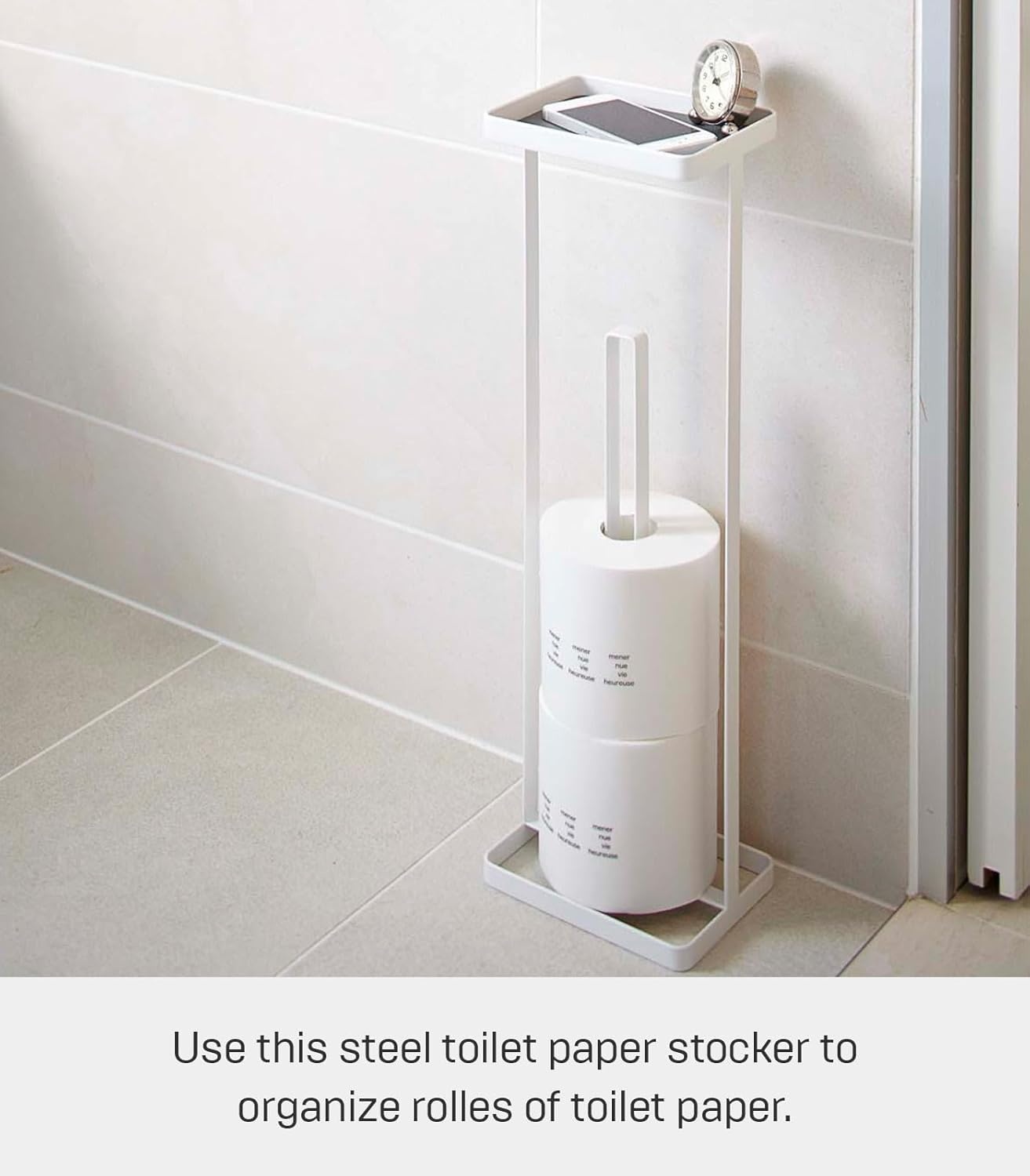 image:imageYAMAZAKI Home Tower Roll Paper Stand with Tray Steel Holds 3 Toilet Paper RollsWhite