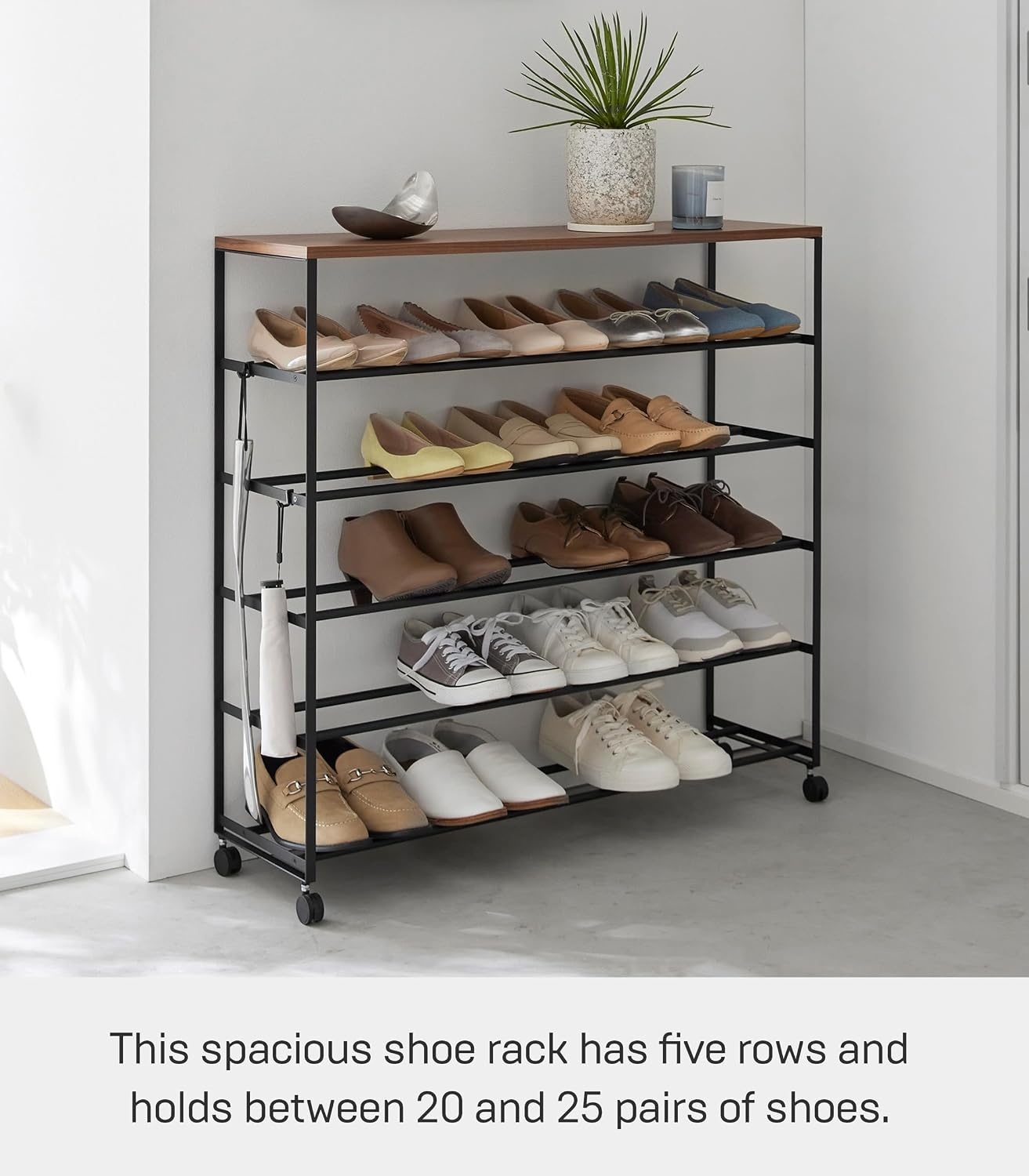 image:imageYAMAZAKI Home Tower Rolling FiveTier Shoe Rack Steel Frame with Wooden Top SpaceSaving Shoe Organizer On Wheels 34 Steel Wood Black
