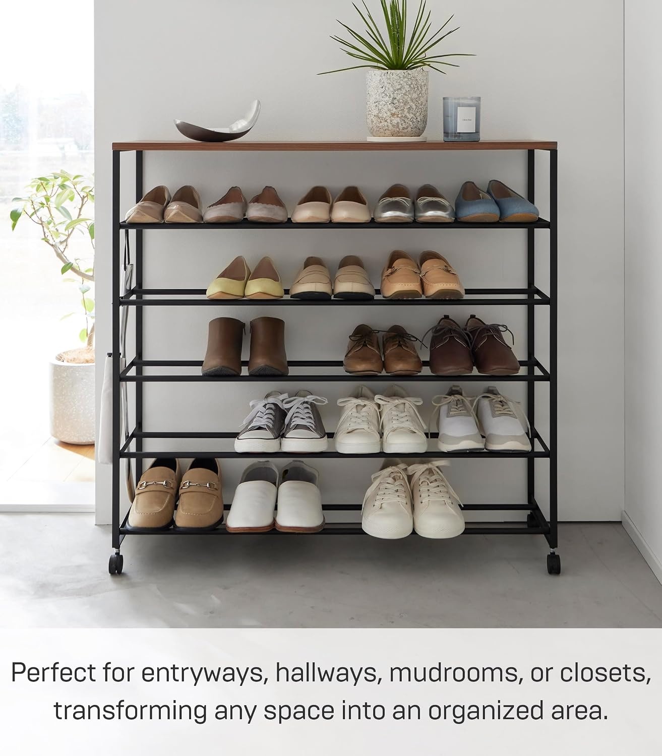 image:imageYAMAZAKI Home Tower Rolling FiveTier Shoe Rack Steel Frame with Wooden Top SpaceSaving Shoe Organizer On Wheels 34 Steel Wood Black