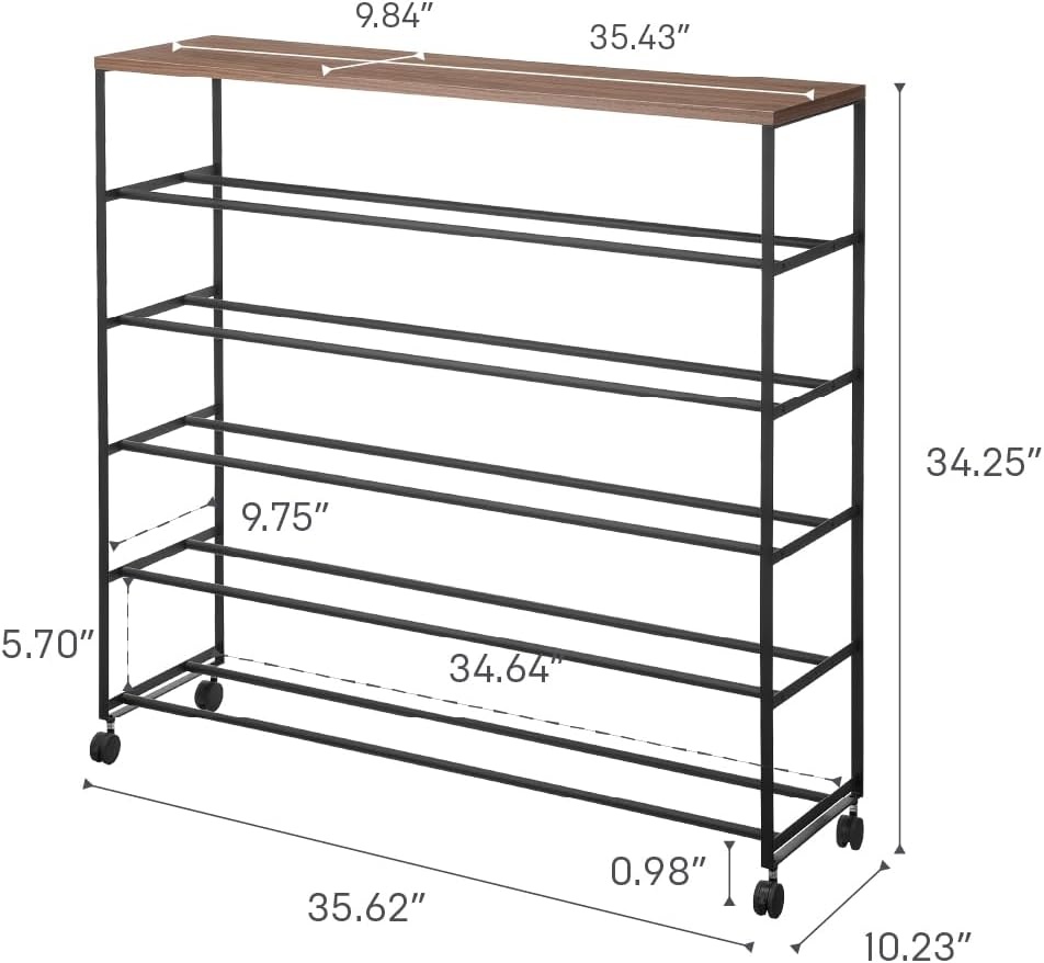 image:imageYAMAZAKI Home Tower Rolling FiveTier Shoe Rack Steel Frame with Wooden Top SpaceSaving Shoe Organizer On Wheels 34 Steel Wood Black