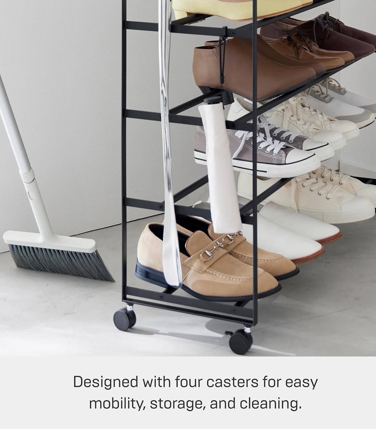 image:imageYAMAZAKI Home Tower Rolling FiveTier Shoe Rack Steel Frame with Wooden Top SpaceSaving Shoe Organizer On Wheels 34 Steel Wood Black