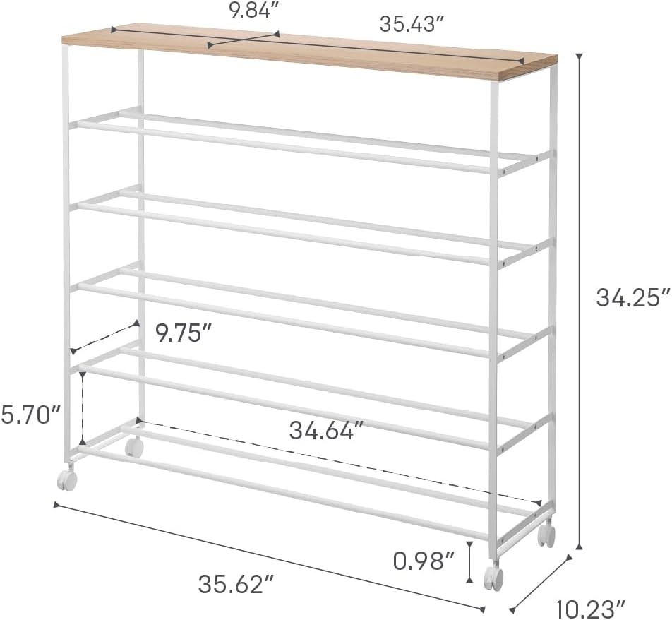 image:imageYAMAZAKI Home Tower Rolling FiveTier Shoe Rack Steel Frame with Wooden Top SpaceSaving Shoe Organizer On Wheels 34 Steel Wood White