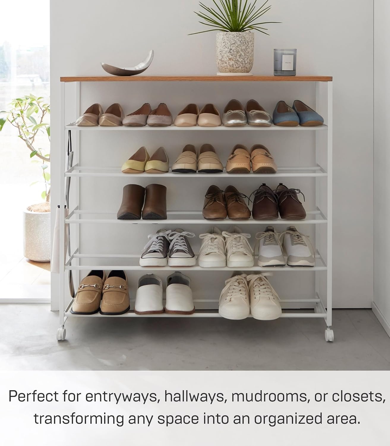 image:imageYAMAZAKI Home Tower Rolling FiveTier Shoe Rack Steel Frame with Wooden Top SpaceSaving Shoe Organizer On Wheels 34 Steel Wood White