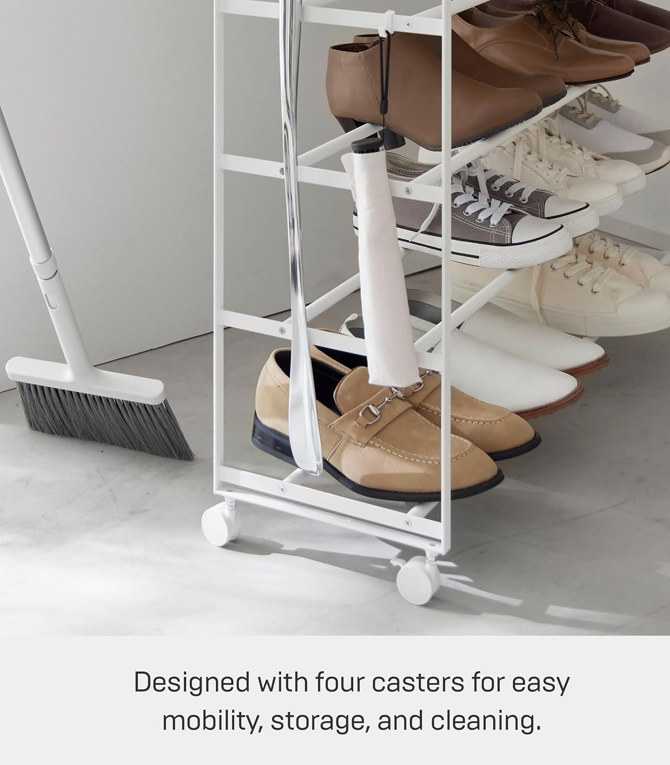 image:imageYAMAZAKI Home Tower Rolling FiveTier Shoe Rack Steel Frame with Wooden Top SpaceSaving Shoe Organizer On Wheels 34 Steel Wood White