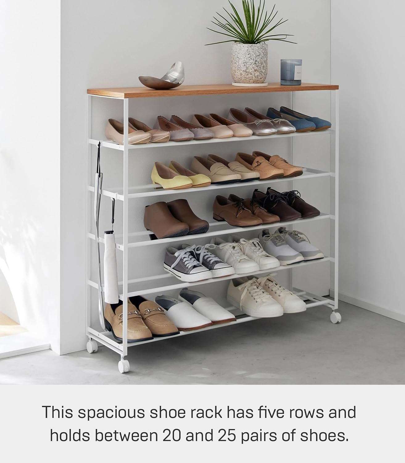 image:imageYAMAZAKI Home Tower Rolling FiveTier Shoe Rack Steel Frame with Wooden Top SpaceSaving Shoe Organizer On Wheels 34 Steel Wood White