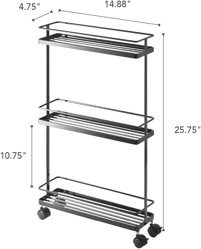 image:imageYAMAZAKI Home Tower Rolling Kitchen Island Three Tier Metal Storage Cart Portable Organizer Shelves Utility Cart 26 Steel Black