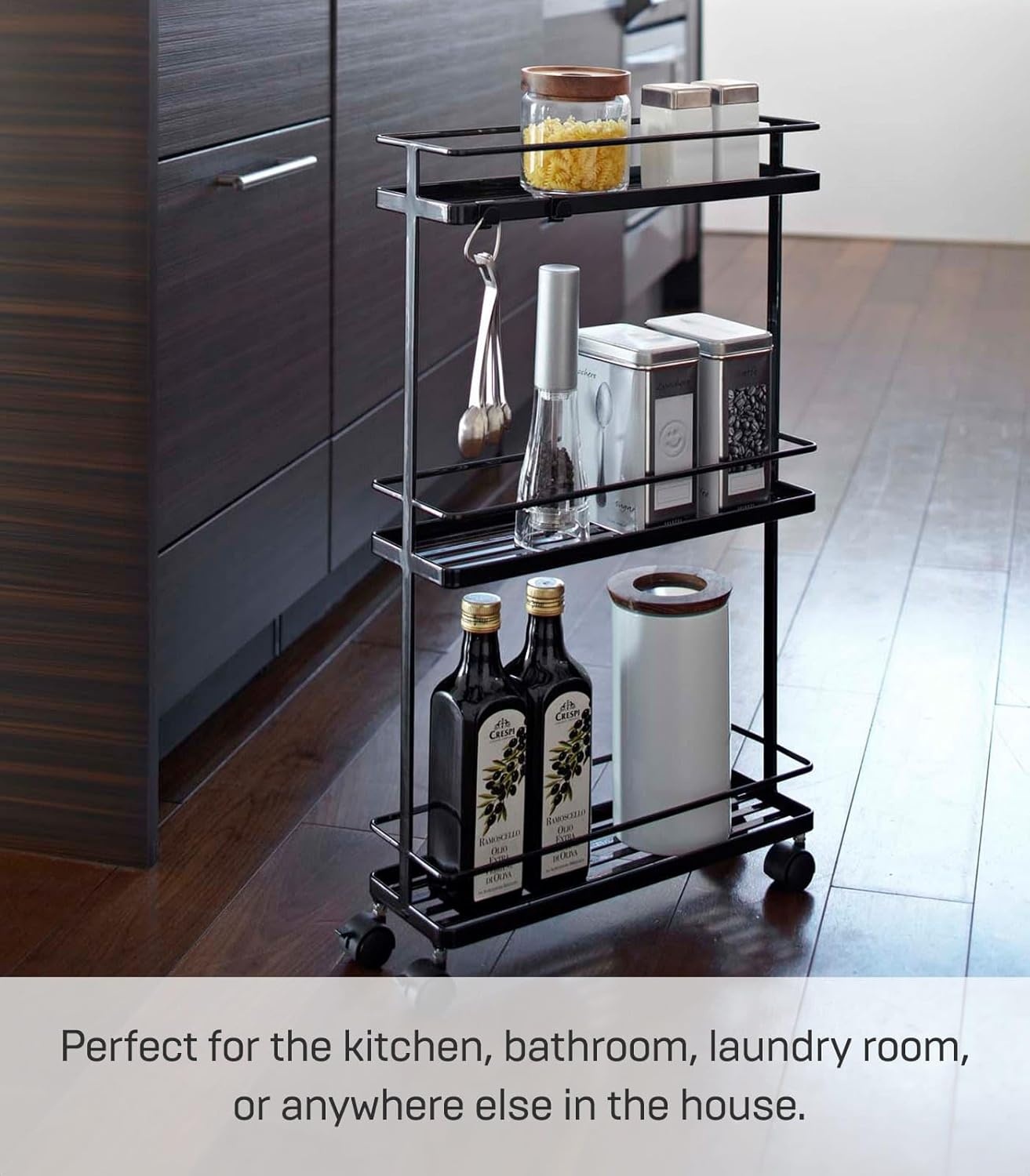 image:imageYAMAZAKI Home Tower Rolling Kitchen Island Three Tier Metal Storage Cart Portable Organizer Shelves Utility Cart 26 Steel Black