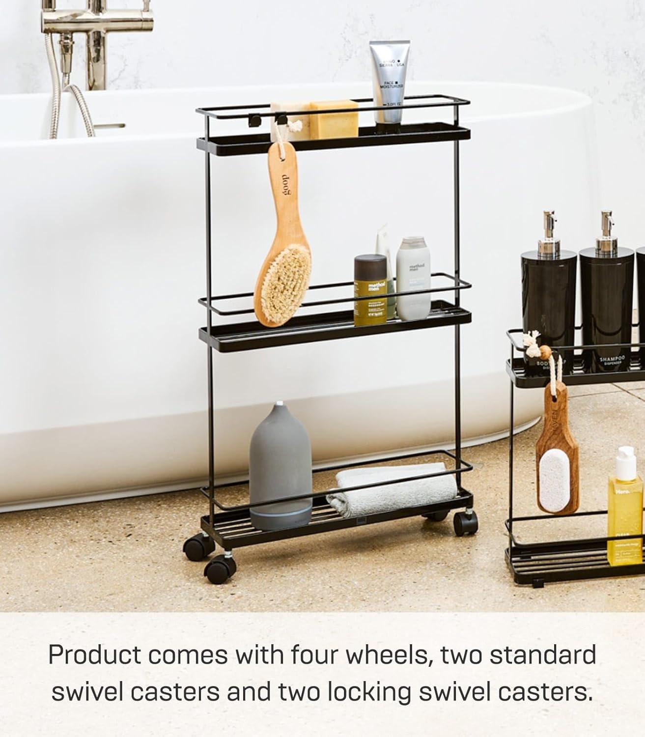 image:imageYAMAZAKI Home Tower Rolling Kitchen Island Three Tier Metal Storage Cart Portable Organizer Shelves Utility Cart 26 Steel Black