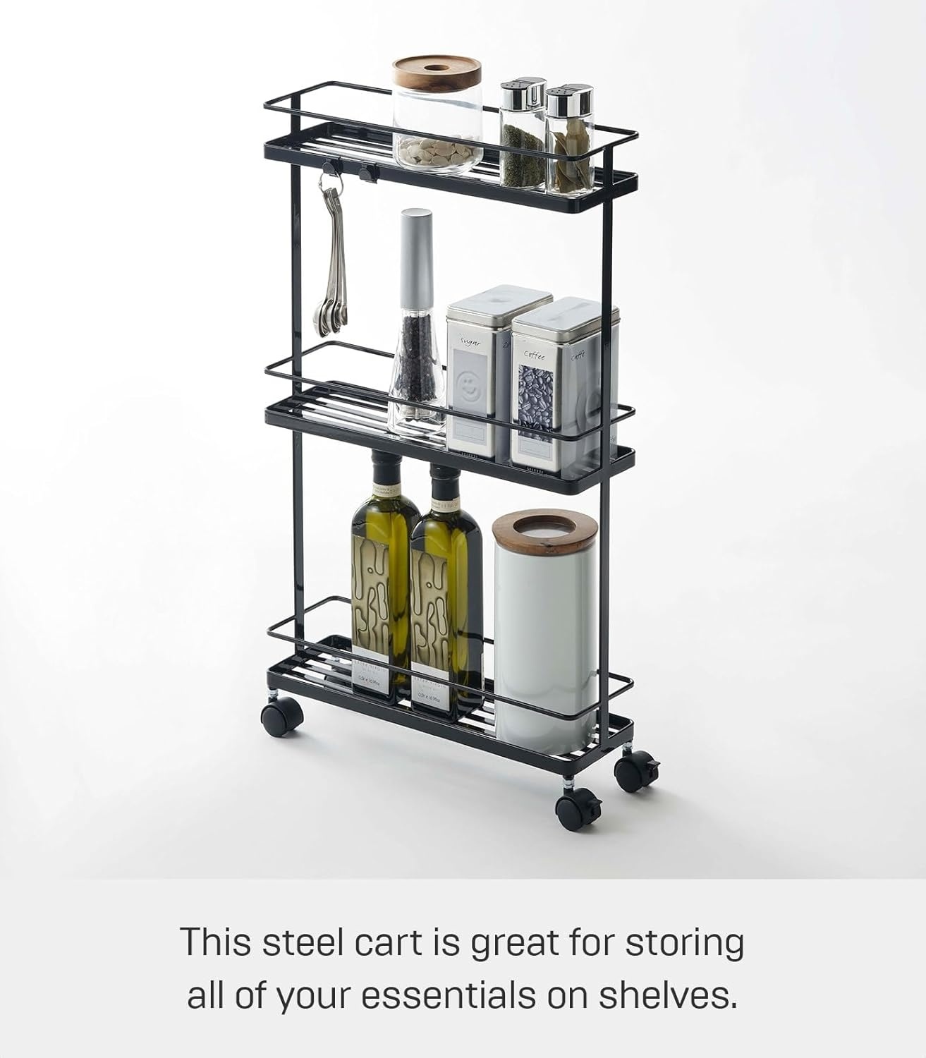 image:imageYAMAZAKI Home Tower Rolling Kitchen Island Three Tier Metal Storage Cart Portable Organizer Shelves Utility Cart 26 Steel Black