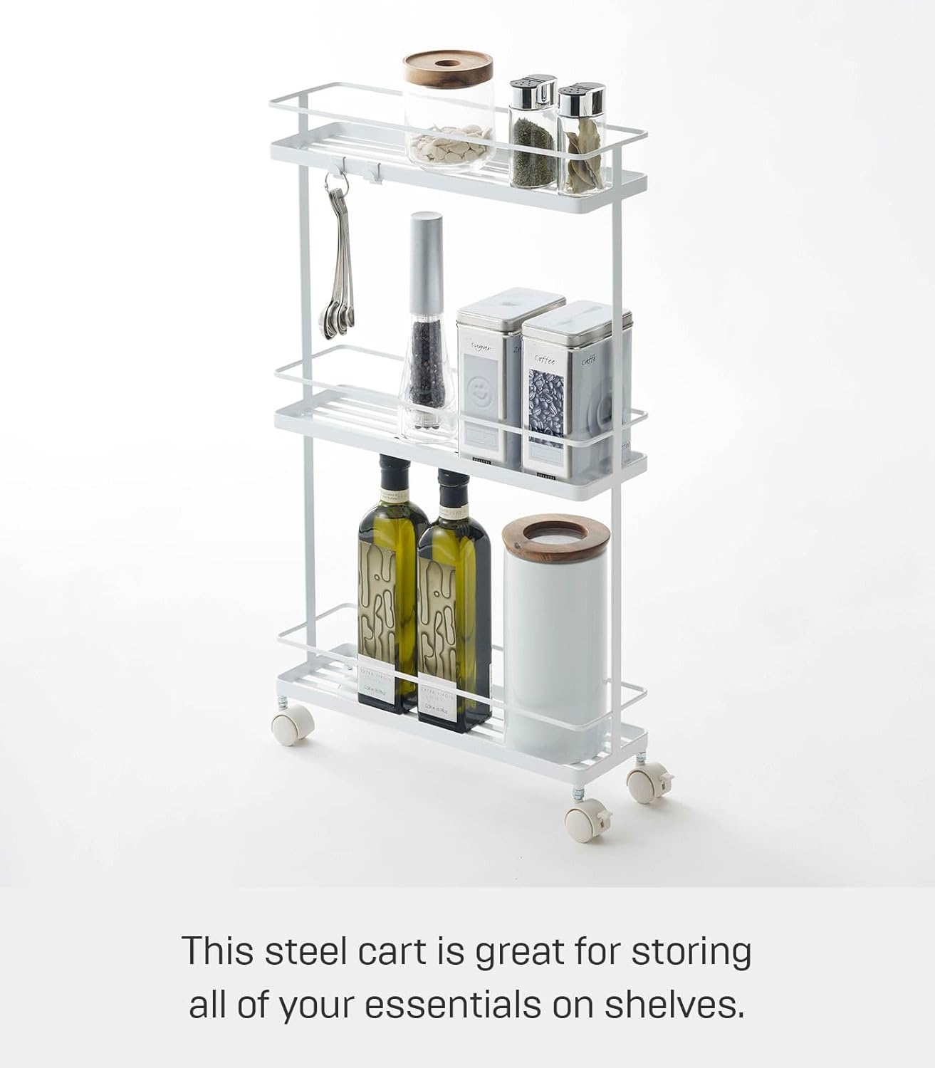 image:imageYAMAZAKI Home Tower Rolling Kitchen Island Three Tier Metal Storage Cart Portable Organizer Shelves Utility Cart 26 Steel White