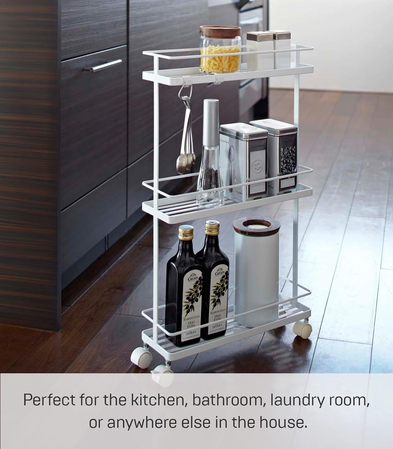 image:imageYAMAZAKI Home Tower Rolling Kitchen Island Three Tier Metal Storage Cart Portable Organizer Shelves Utility Cart 26 Steel White