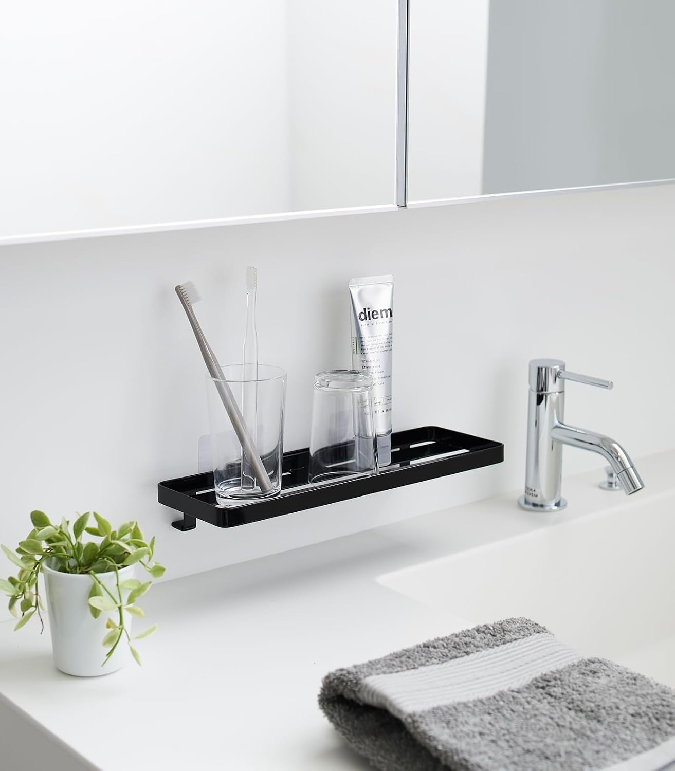 image:imageYAMAZAKI Home Tower SelfAdhesive Bathroom Sink Organizer Rack Versatile Storage For Toothbrushes Makeup Hair Products Easy Installation On Tile Plastic Metal SpaceSaving Tray SteelBlack