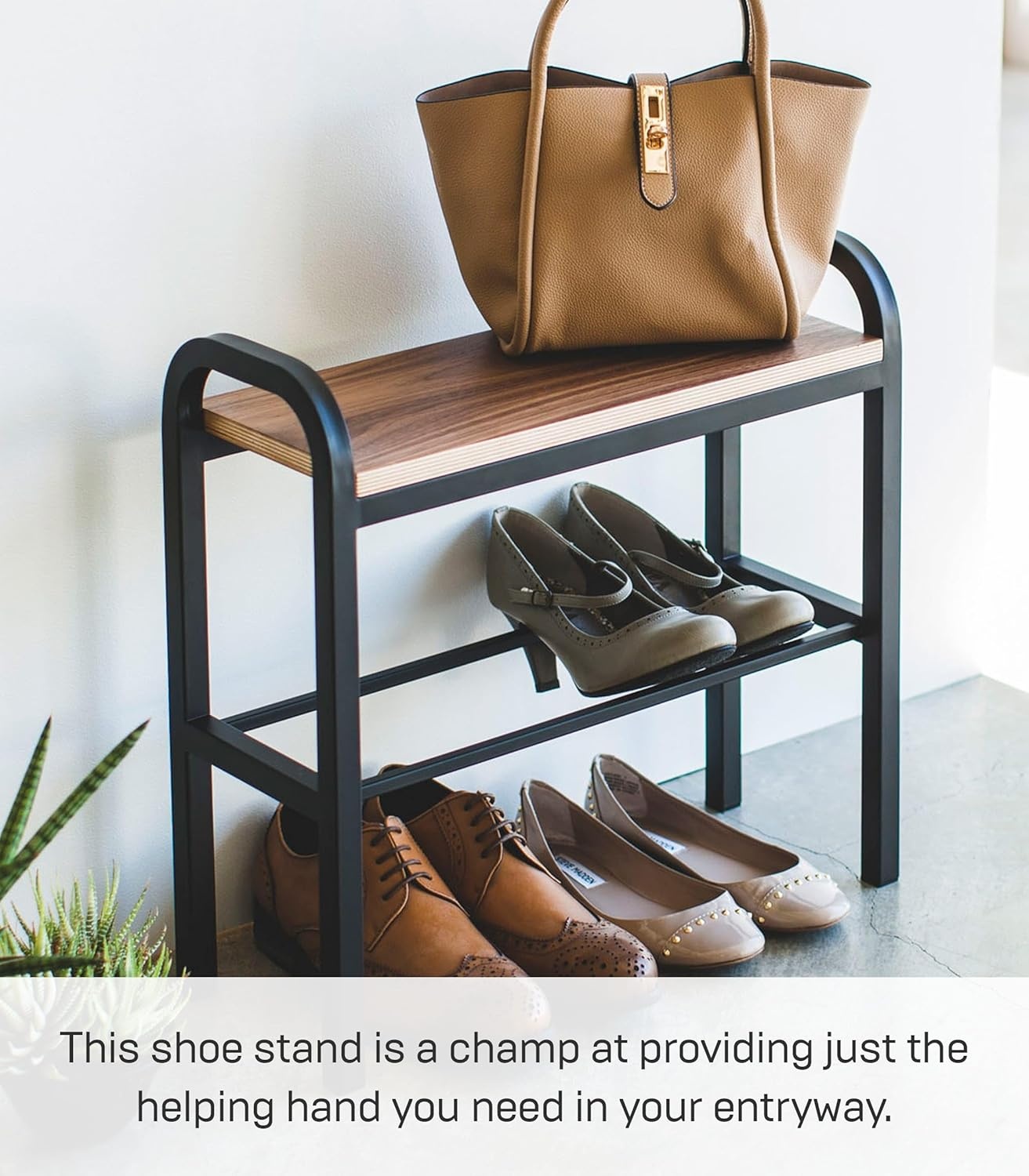 image:imageYAMAZAKI Home Tower Shoe Organizer Rack With Wooden Bench Top Storage Table For Entryway With Handles 18 Steel Wood Holds 4 Pairs Of ShoesBlack