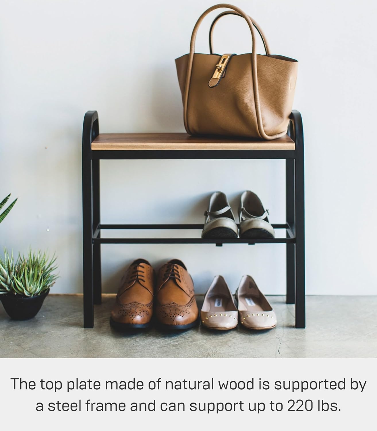 image:imageYAMAZAKI Home Tower Shoe Organizer Rack With Wooden Bench Top Storage Table For Entryway With Handles 18 Steel Wood Holds 4 Pairs Of ShoesBlack