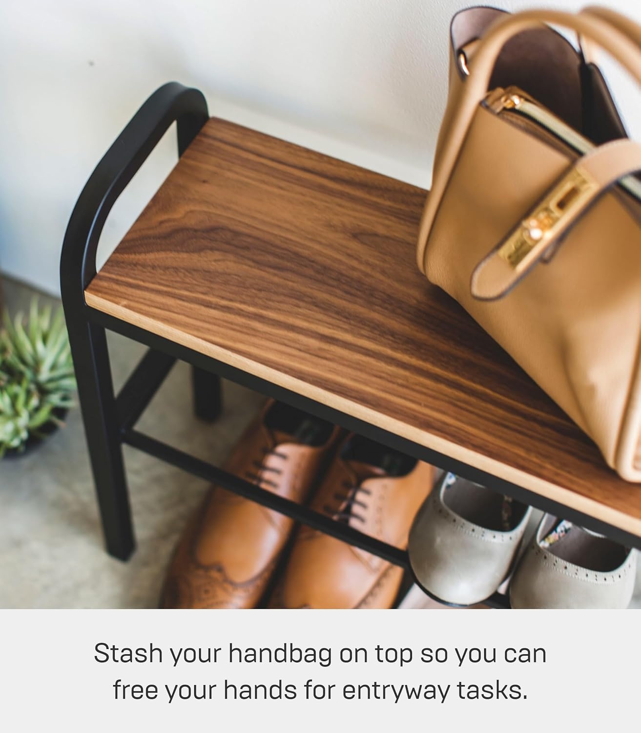 image:imageYAMAZAKI Home Tower Shoe Organizer Rack With Wooden Bench Top Storage Table For Entryway With Handles 18 Steel Wood Holds 4 Pairs Of ShoesBlack