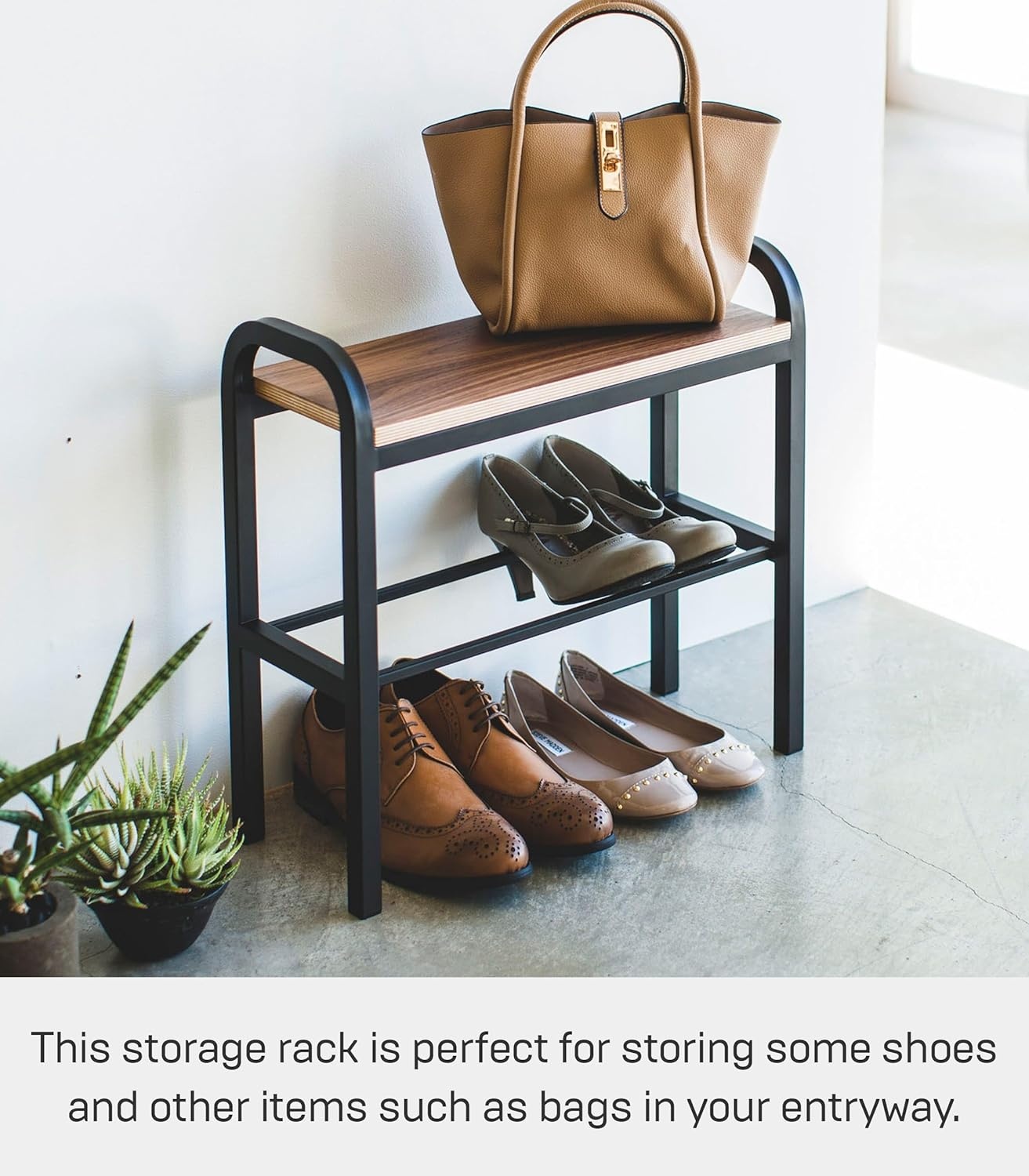 image:imageYAMAZAKI Home Tower Shoe Organizer Rack With Wooden Bench Top Storage Table For Entryway With Handles 18 Steel Wood Holds 4 Pairs Of ShoesBlack