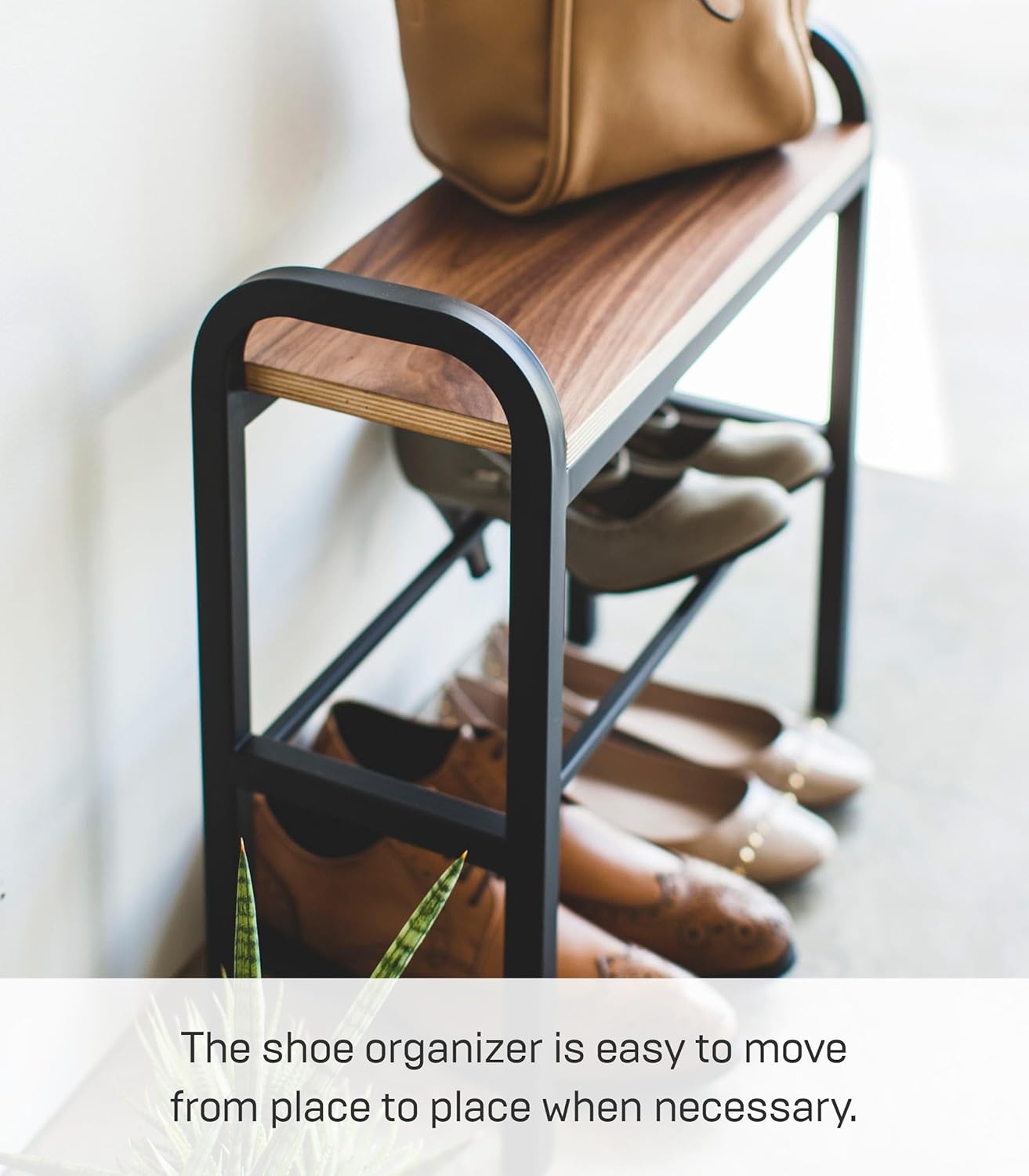image:imageYAMAZAKI Home Tower Shoe Organizer Rack With Wooden Bench Top Storage Table For Entryway With Handles 18 Steel Wood Holds 4 Pairs Of ShoesBlack