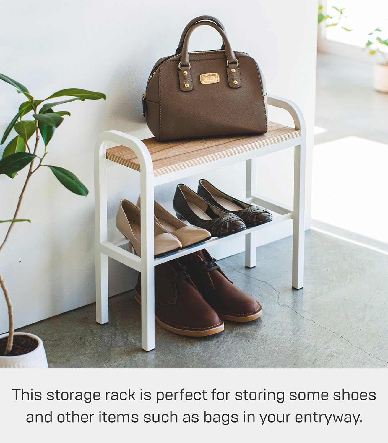image:imageYAMAZAKI Home Tower Shoe Organizer Rack With Wooden Bench Top Storage Table For Entryway With Handles 18 Steel Wood Holds 4 Pairs Of ShoesWhite