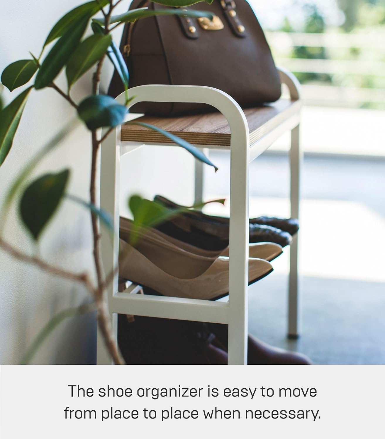 image:imageYAMAZAKI Home Tower Shoe Organizer Rack With Wooden Bench Top Storage Table For Entryway With Handles 18 Steel Wood Holds 4 Pairs Of ShoesWhite