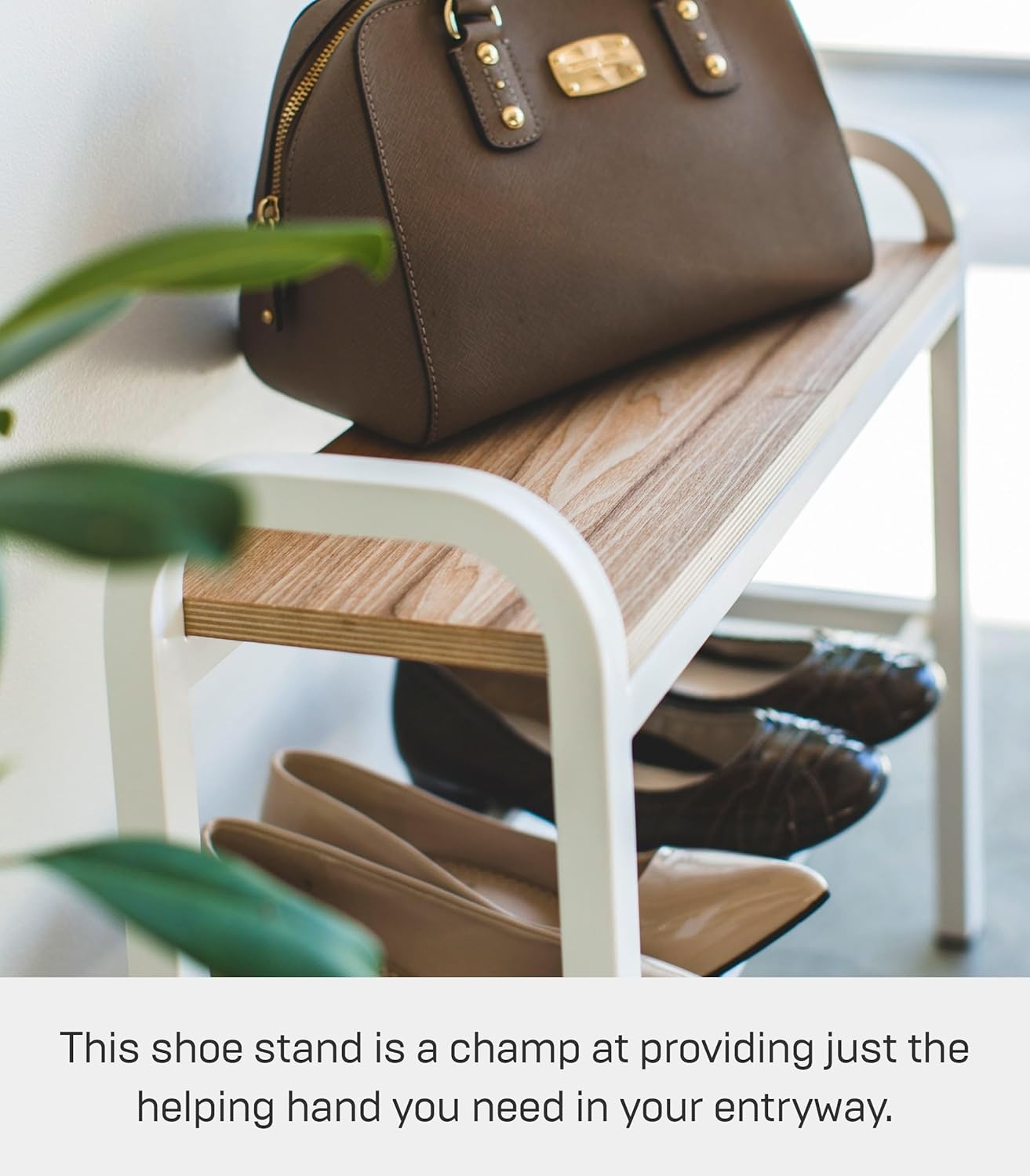 image:imageYAMAZAKI Home Tower Shoe Organizer Rack With Wooden Bench Top Storage Table For Entryway With Handles 18 Steel Wood Holds 4 Pairs Of ShoesWhite
