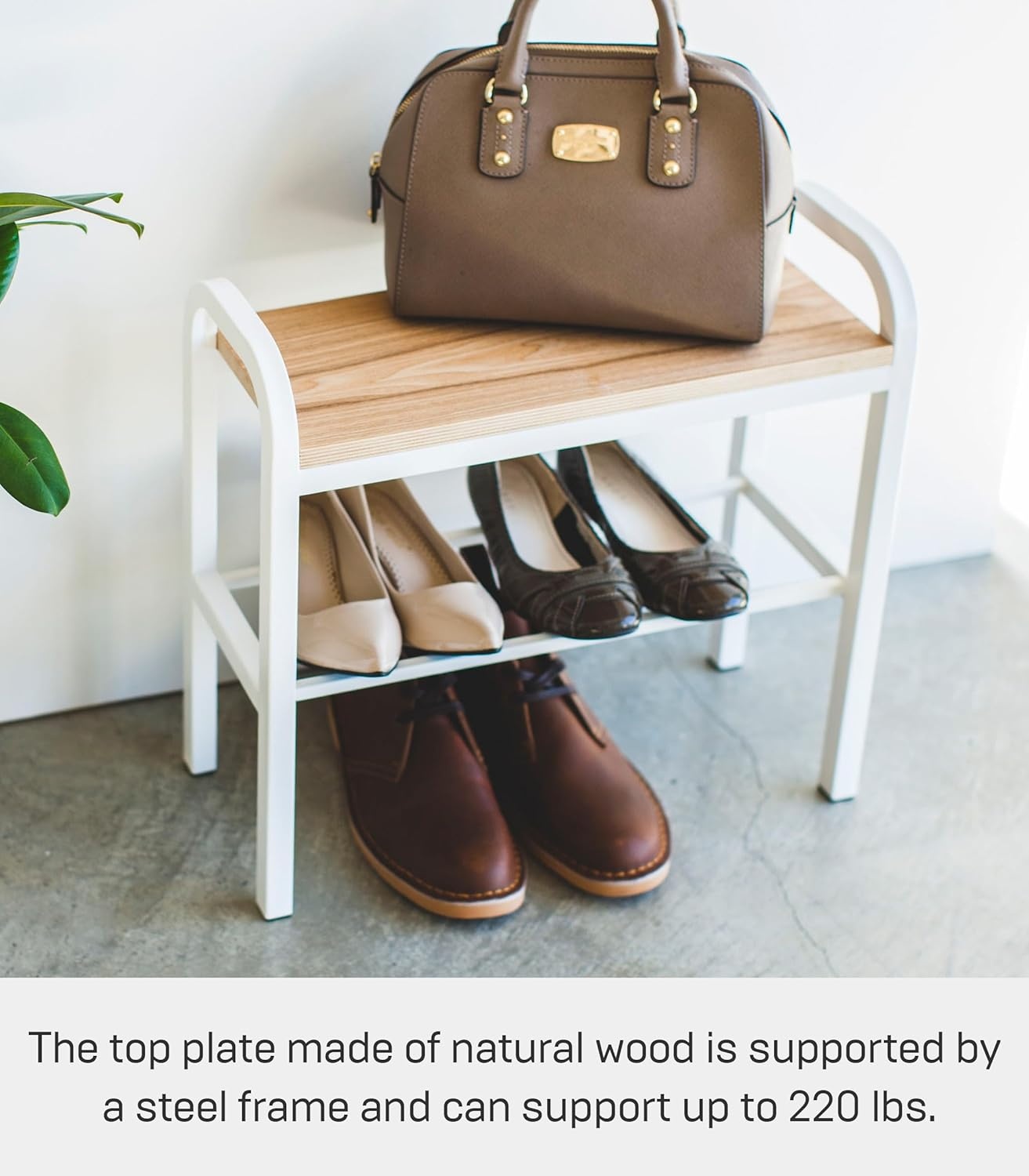 image:imageYAMAZAKI Home Tower Shoe Organizer Rack With Wooden Bench Top Storage Table For Entryway With Handles 18 Steel Wood Holds 4 Pairs Of ShoesWhite