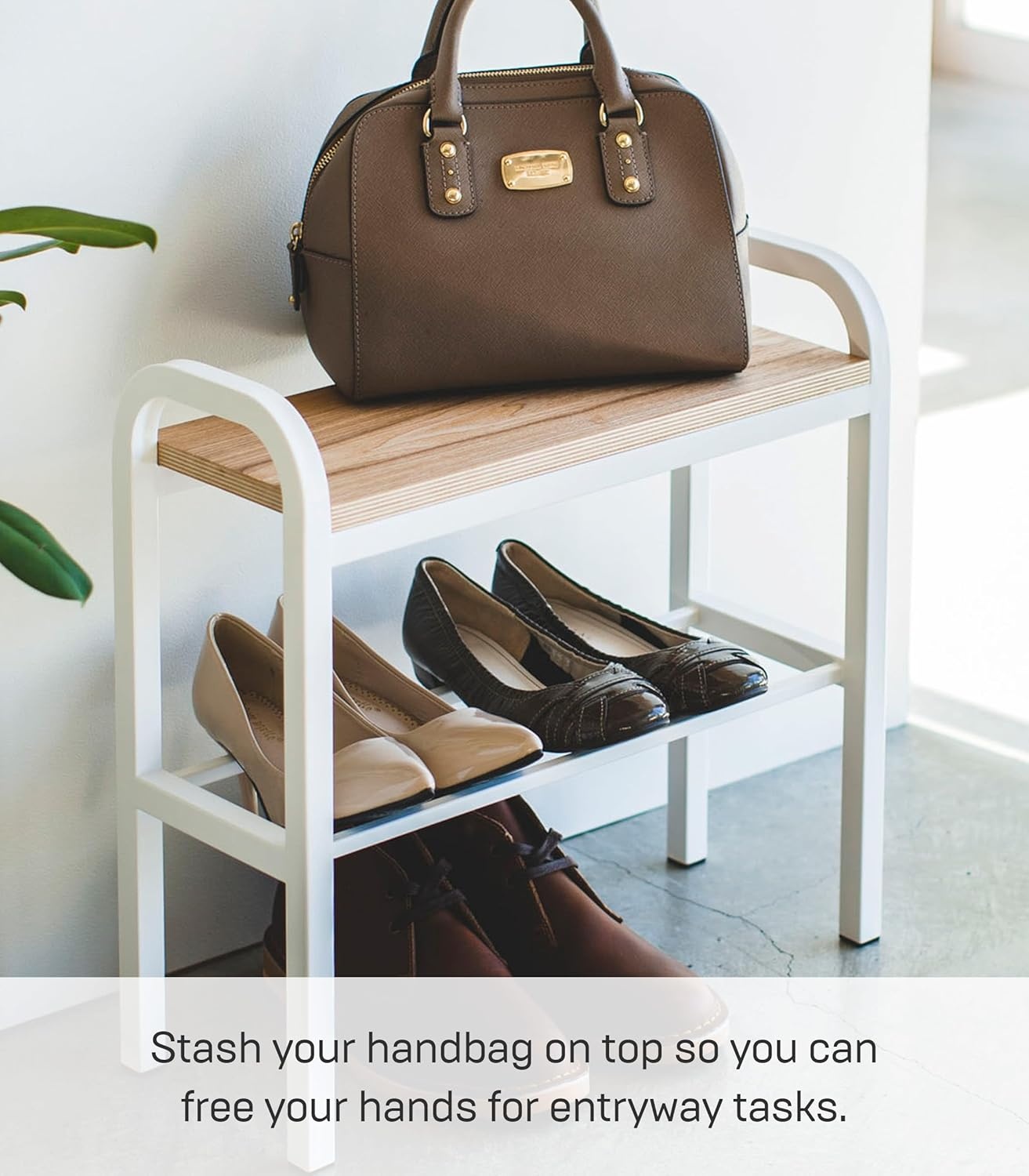 image:imageYAMAZAKI Home Tower Shoe Organizer Rack With Wooden Bench Top Storage Table For Entryway With Handles 18 Steel Wood Holds 4 Pairs Of ShoesWhite