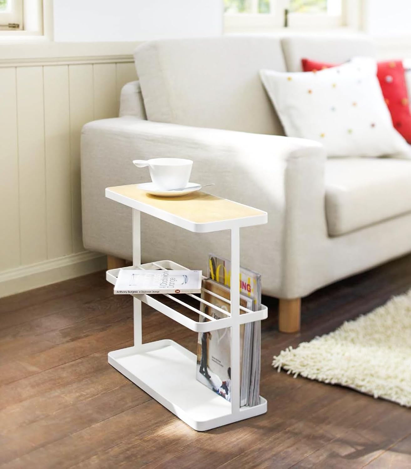 image:imageYAMAZAKI Home Tower Side Table with Storage Tier Shelves Narrow Narrow Wooden and Metal End Table for Bedside Or Living Room 17 SteelWhite