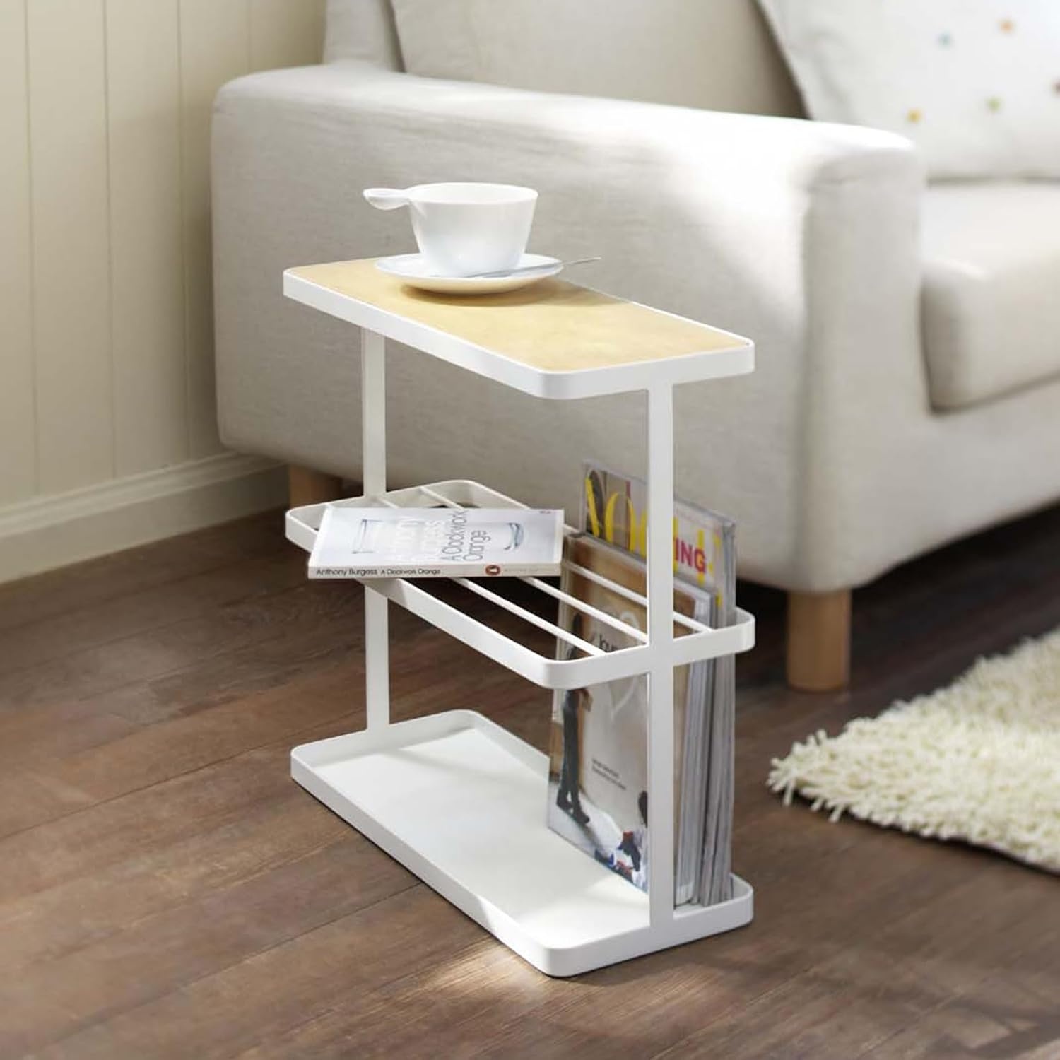 image:imageYAMAZAKI Home Tower Side Table with Storage Tier Shelves Narrow Narrow Wooden and Metal End Table for Bedside Or Living Room 17 SteelWhite