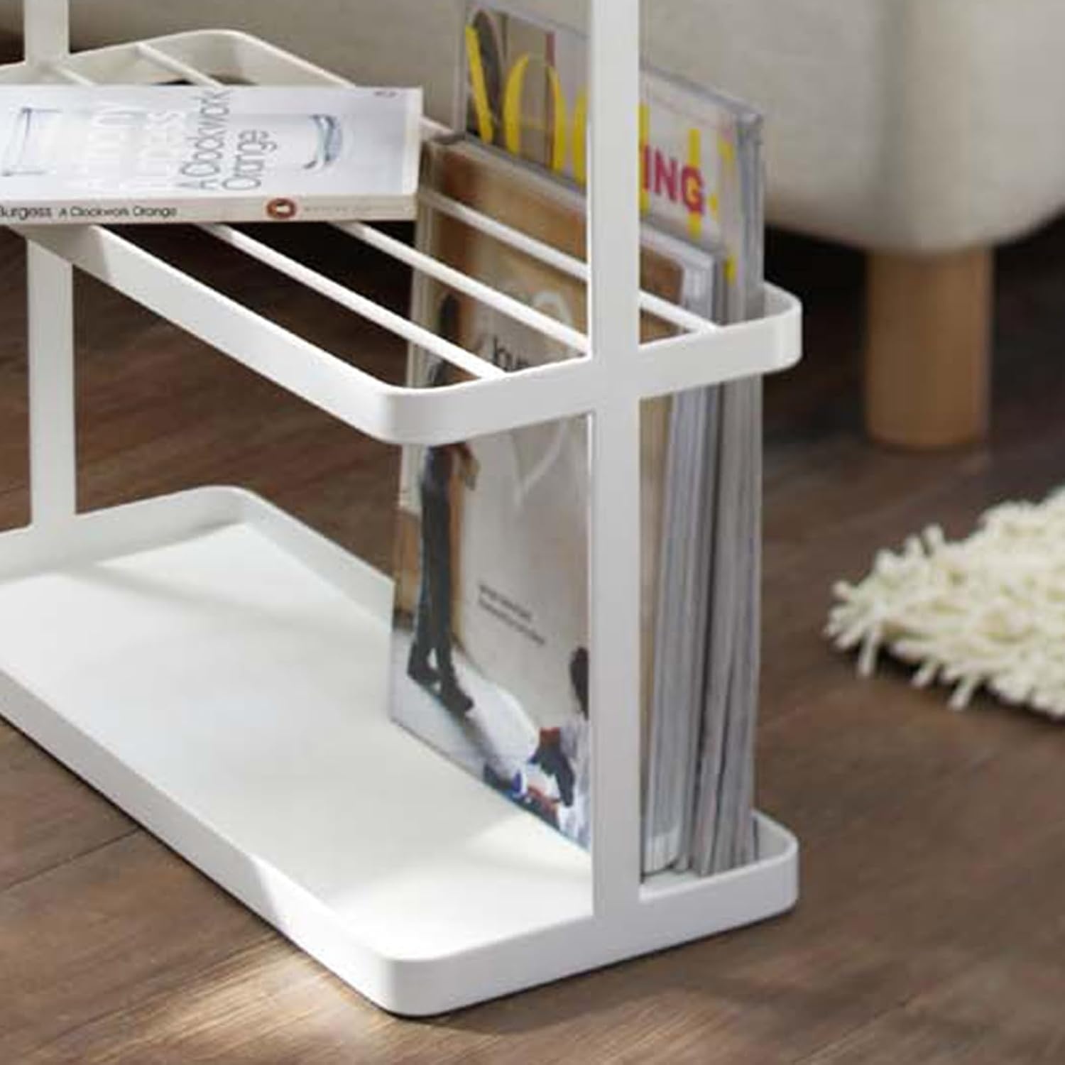 image:imageYAMAZAKI Home Tower Side Table with Storage Tier Shelves Narrow Narrow Wooden and Metal End Table for Bedside Or Living Room 17 SteelWhite