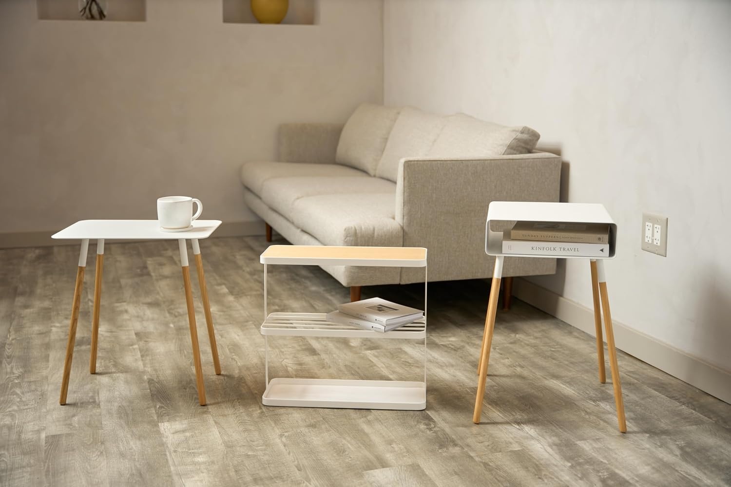 image:imageYAMAZAKI Home Tower Side Table with Storage Tier Shelves Narrow Narrow Wooden and Metal End Table for Bedside Or Living Room 17 SteelWhite