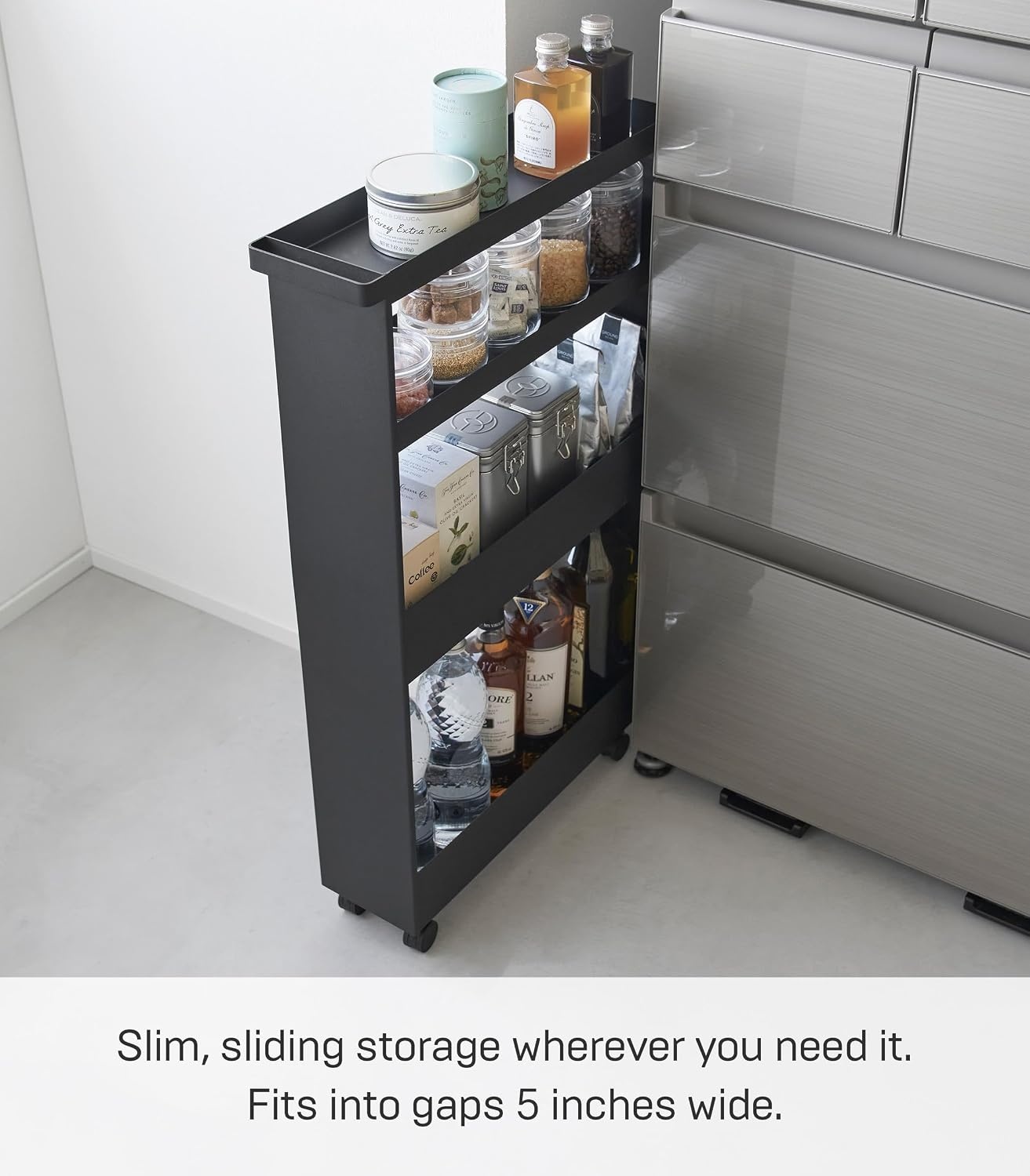 image:imageYAMAZAKI Home Tower Slim 4Tier Rolling Storage Cart Mobile Organizer for Kitchen Or Bathroom 317 Steel Black