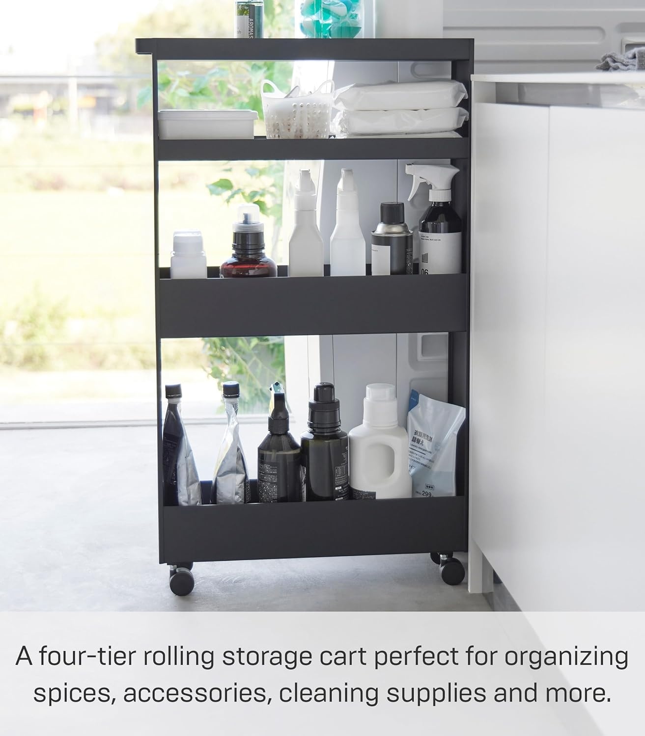 image:imageYAMAZAKI Home Tower Slim 4Tier Rolling Storage Cart Mobile Organizer for Kitchen Or Bathroom 317 Steel Black