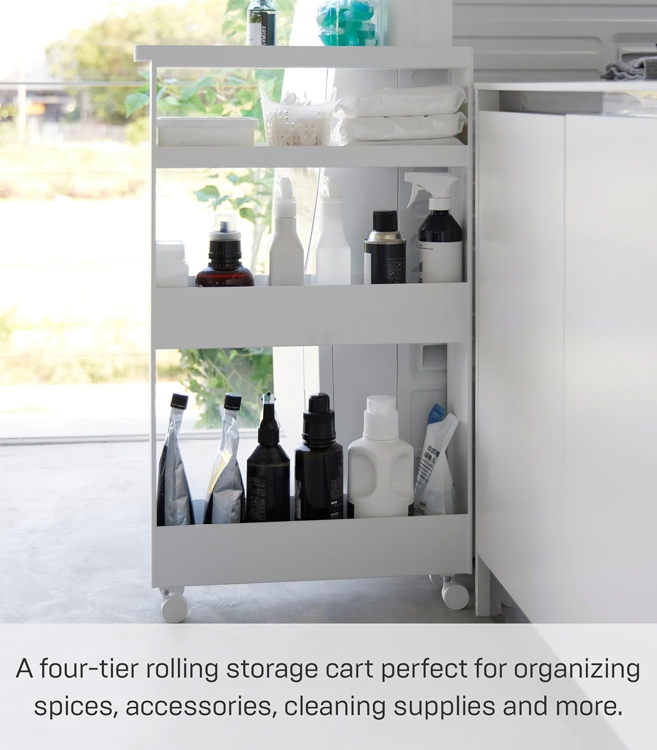 image:imageYAMAZAKI Home Tower Slim 4Tier Rolling Storage Cart Mobile Organizer for Kitchen Or Bathroom 317 Steel White