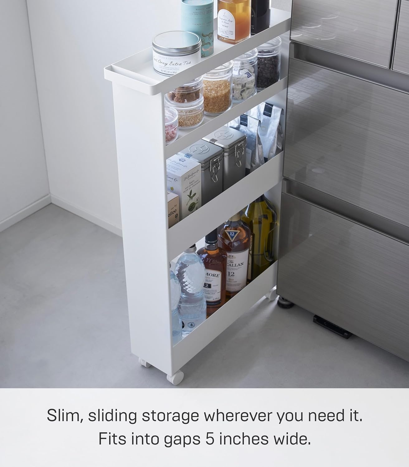 image:imageYAMAZAKI Home Tower Slim 4Tier Rolling Storage Cart Mobile Organizer for Kitchen Or Bathroom 317 Steel White