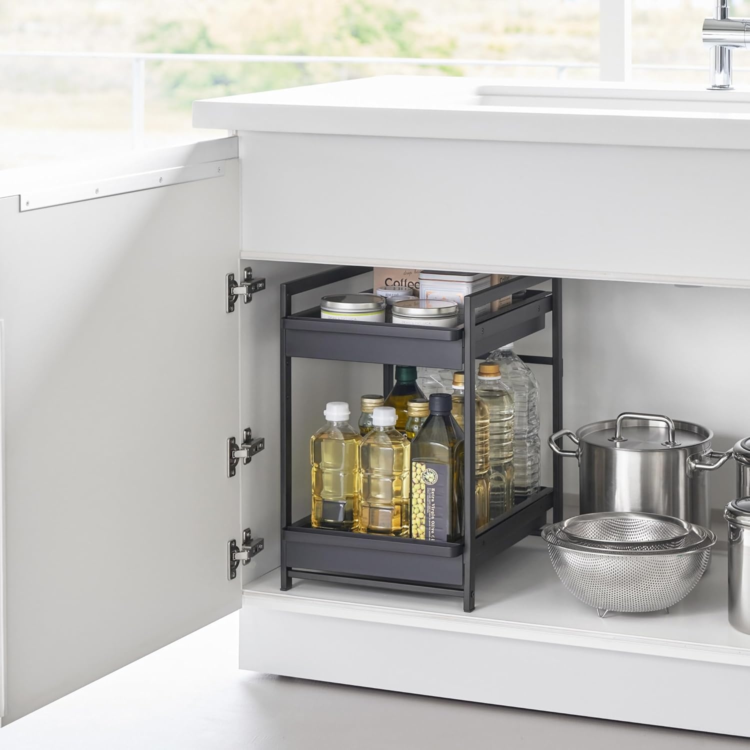 image:imageYAMAZAKI Home Tower UnderSink Rack with PullOut Shelf Versatile Kitchen Cabinet Storage Drawers 2 Tiers Sturdy Organization System SteelBlack