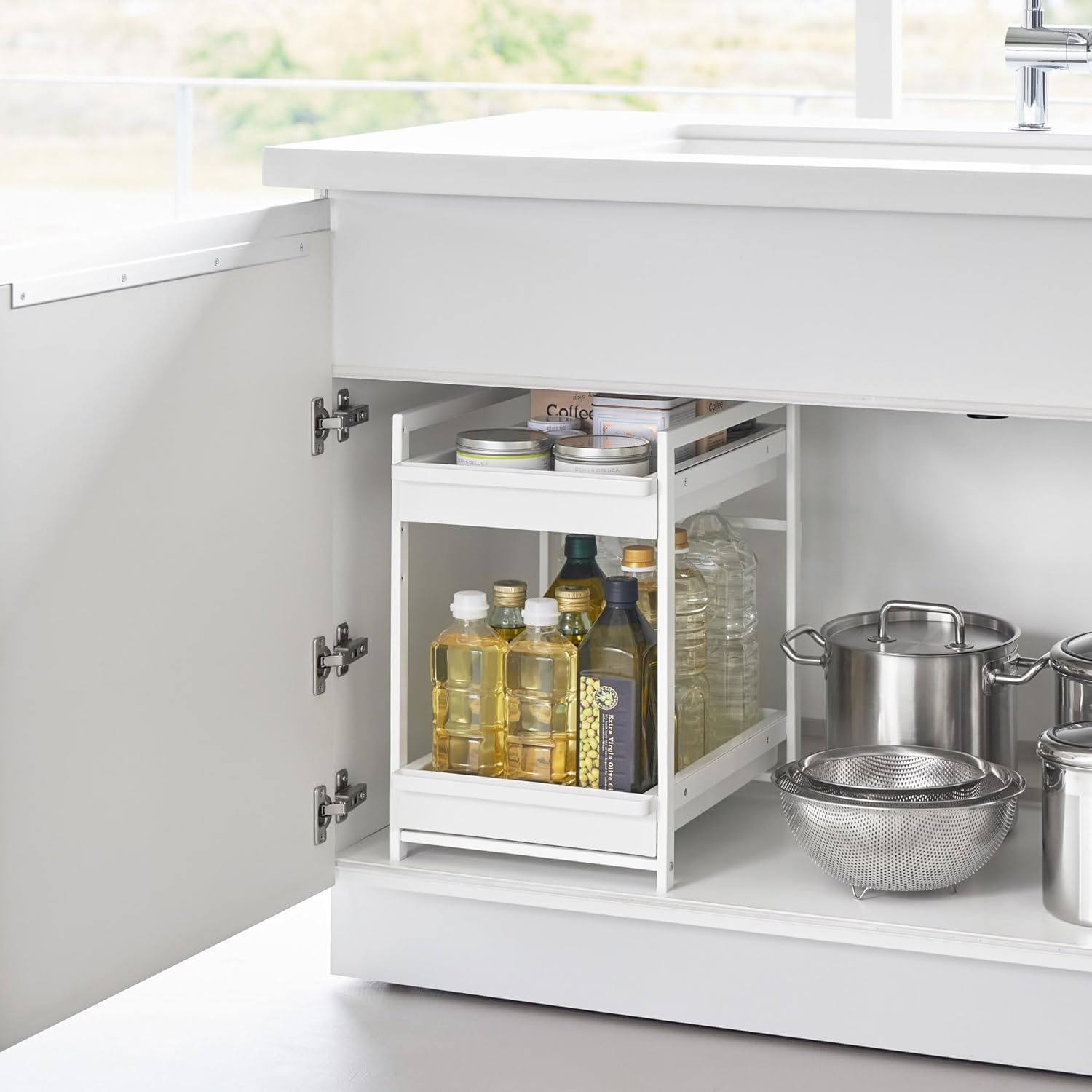 image:imageYAMAZAKI Home Tower UnderSink Rack with PullOut Shelf Versatile Kitchen Cabinet Storage Drawers 2 Tiers Sturdy Organization System SteelWhite