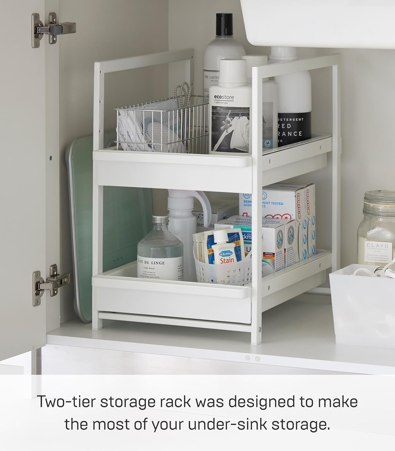 image:imageYAMAZAKI Home Tower UnderSink Rack with PullOut Shelf Versatile Kitchen Cabinet Storage Drawers 2 Tiers Sturdy Organization System SteelWhite