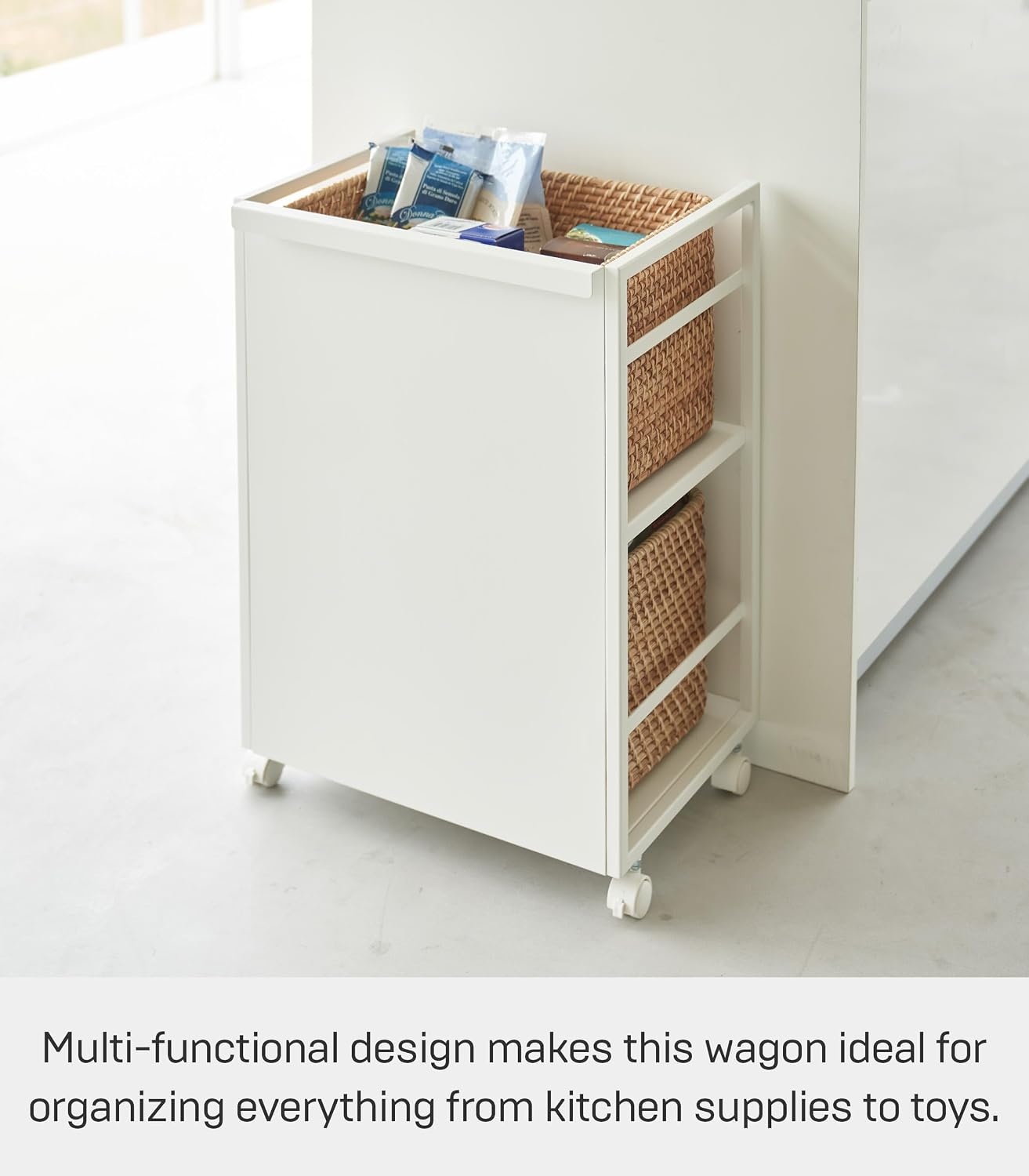 image:imageYAMAZAKI Home Tower Wheeled Wagon Cart with Adjustable Shelves and Hooks Rolling Concealed Organization for Food Pet Supplies Or School Supplies 24 Steel White