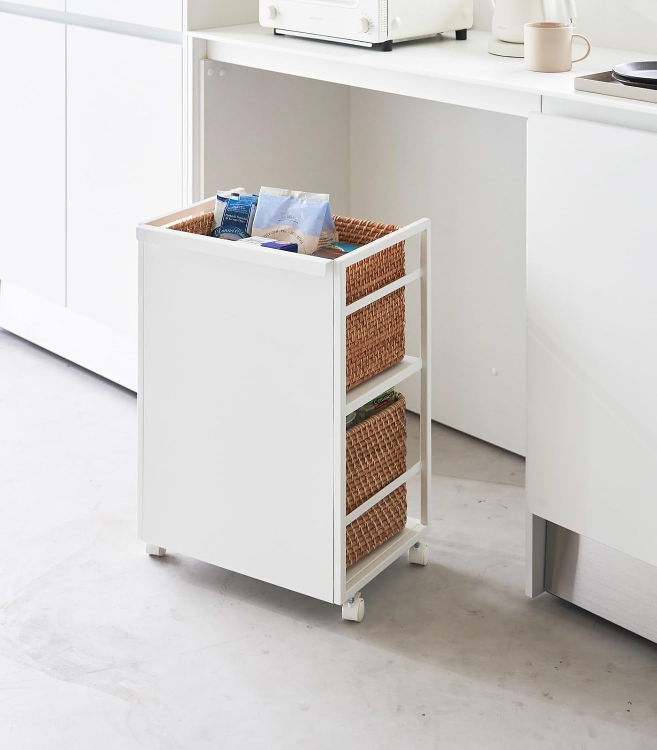 image:imageYAMAZAKI Home Tower Wheeled Wagon Cart with Adjustable Shelves and Hooks Rolling Concealed Organization for Food Pet Supplies Or School Supplies 24 Steel White