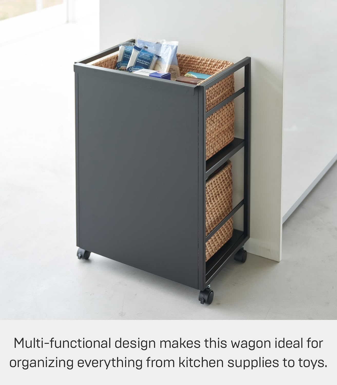 image:imageYAMAZAKI Home Tower Wheeled Wagon Cart with Adjustable Shelves and Hooks Rolling Concealed Organization for Food Pet Supplies Or School Supplies 24 Steel Black
