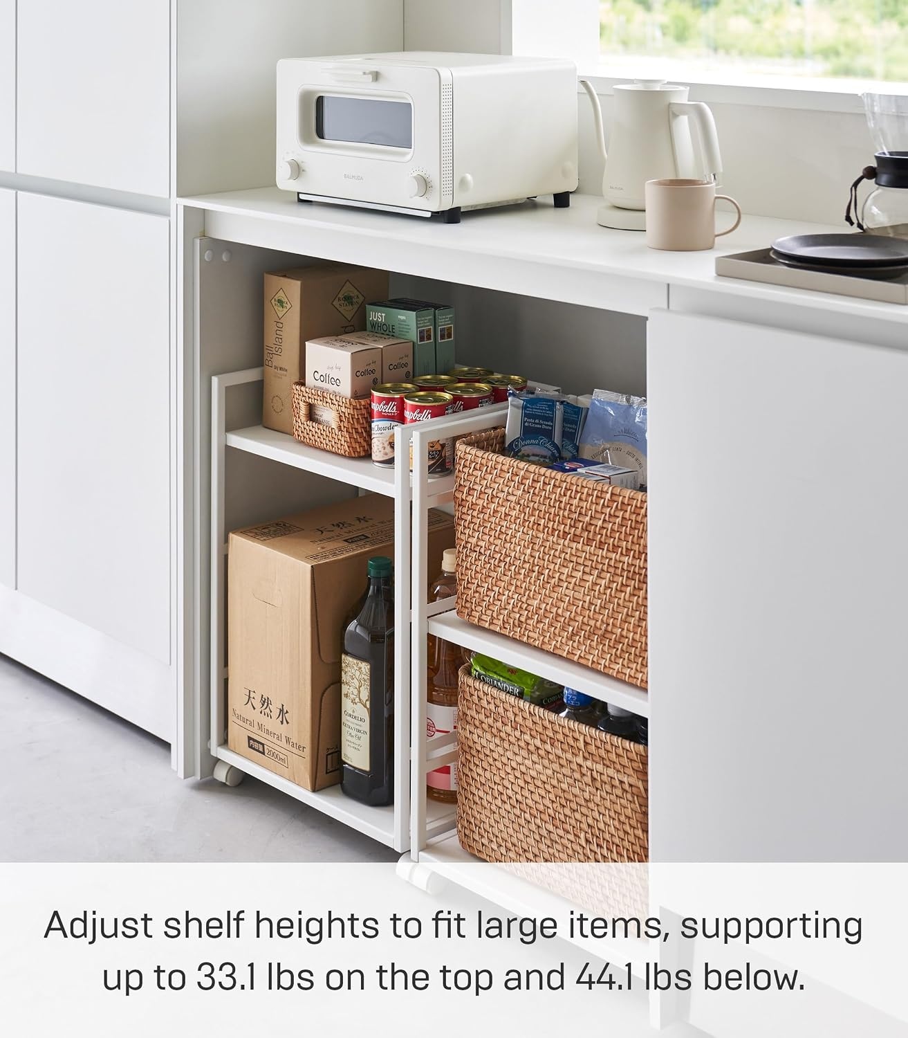 image:imageYAMAZAKI Home Tower Wheeled Wagon Cart with Adjustable Shelves and Hooks Rolling Concealed Organization for Food Pet Supplies Or School Supplies 24 Steel White