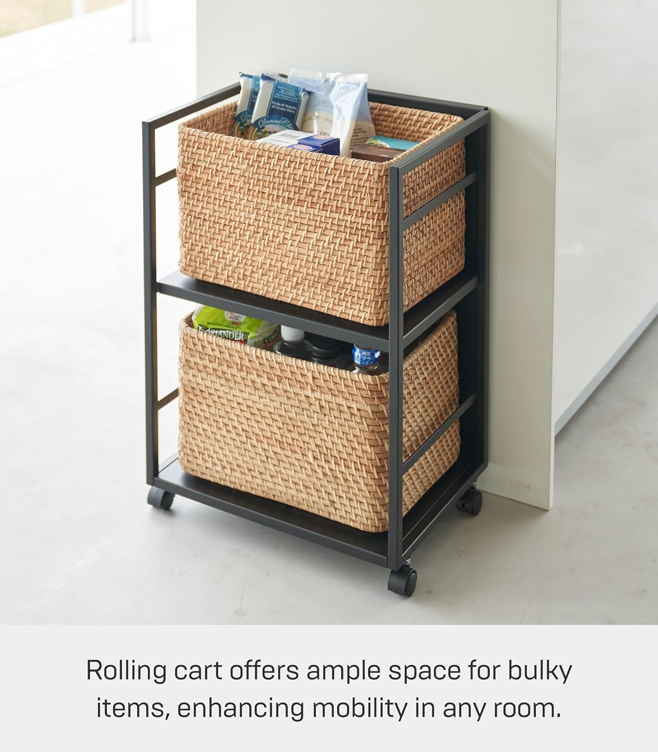 image:imageYAMAZAKI Home Tower Wheeled Wagon Cart with Adjustable Shelves and Hooks Rolling Concealed Organization for Food Pet Supplies Or School Supplies 24 Steel Black
