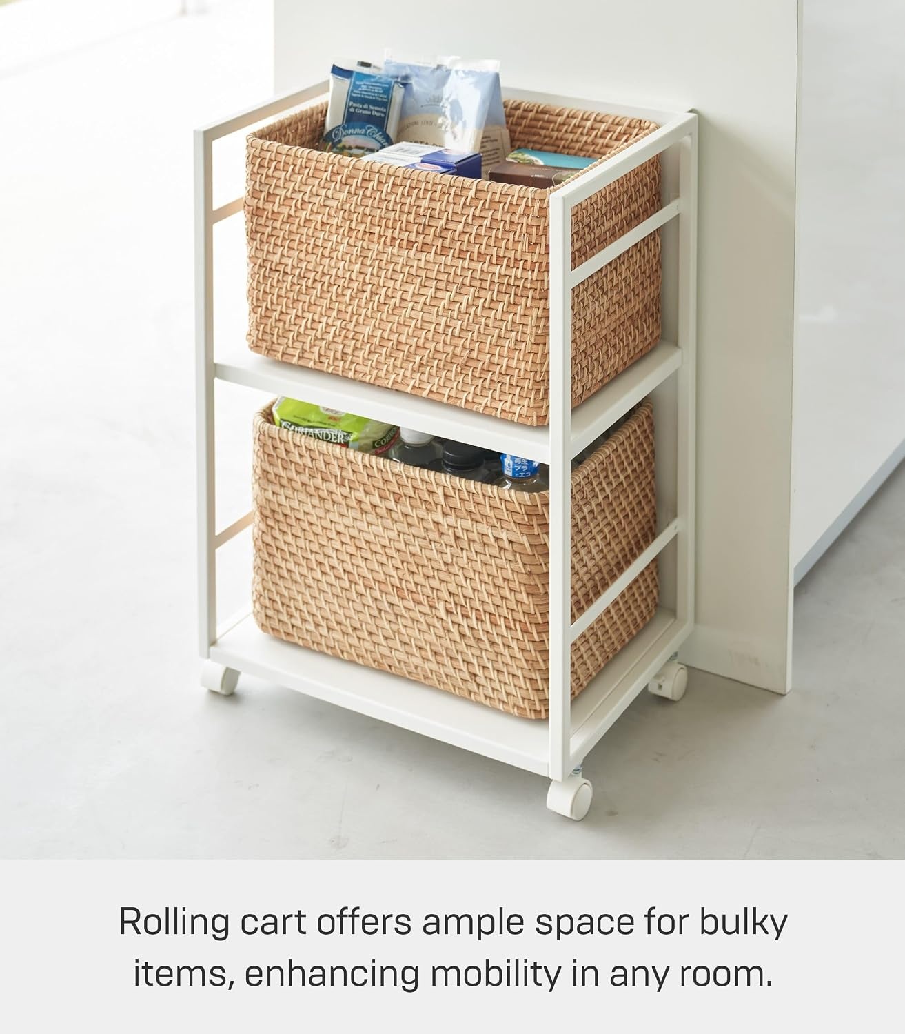 image:imageYAMAZAKI Home Tower Wheeled Wagon Cart with Adjustable Shelves and Hooks Rolling Concealed Organization for Food Pet Supplies Or School Supplies 24 Steel White