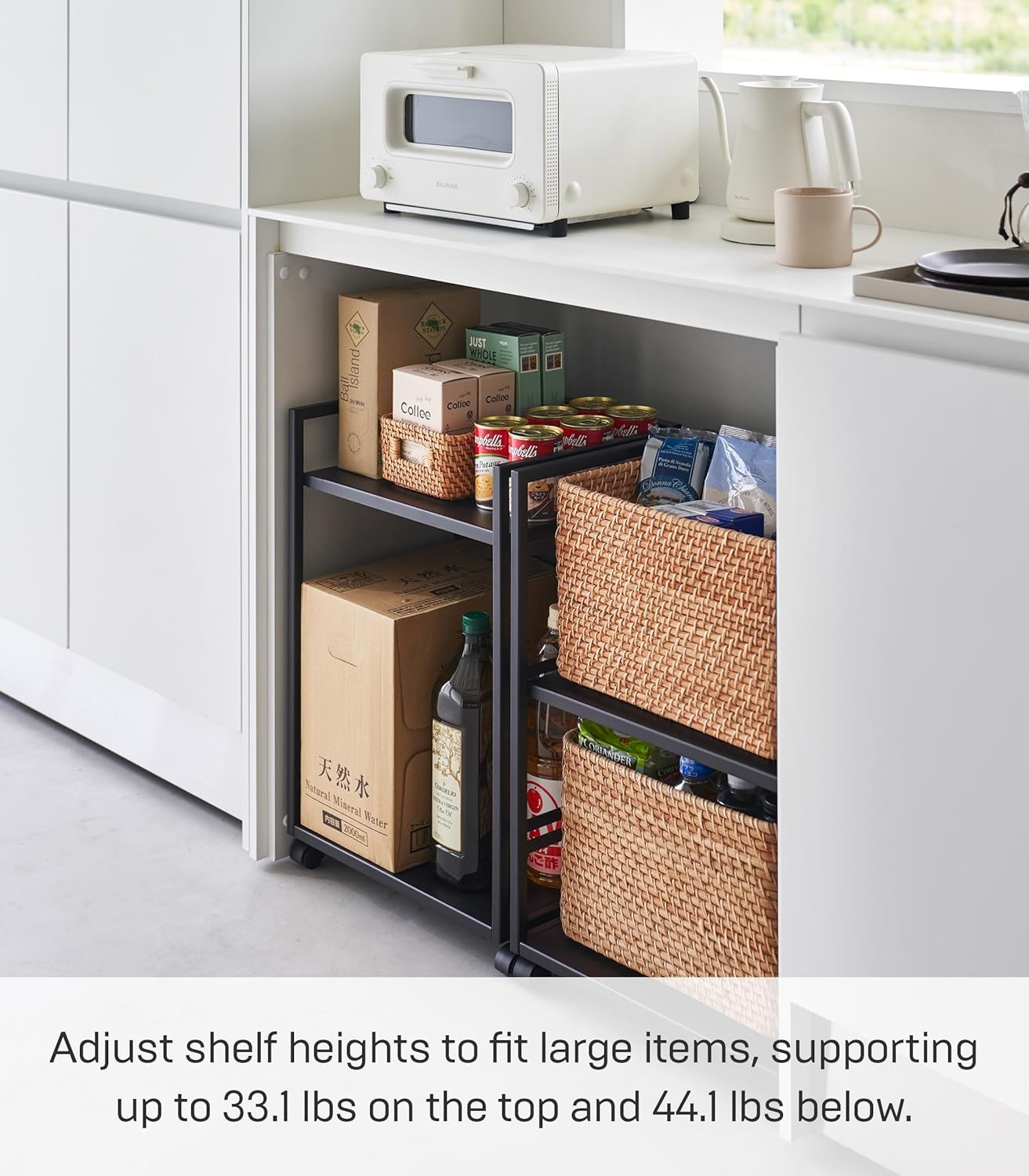 image:imageYAMAZAKI Home Tower Wheeled Wagon Cart with Adjustable Shelves and Hooks Rolling Concealed Organization for Food Pet Supplies Or School Supplies 24 Steel Black