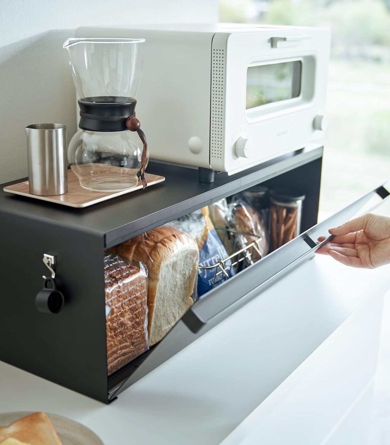 image:imageYAMAZAKI Home Tower Wide Bread Box Keeper Holder Container Metal Bread Holder Saver Large Counter Storage SteelBlack