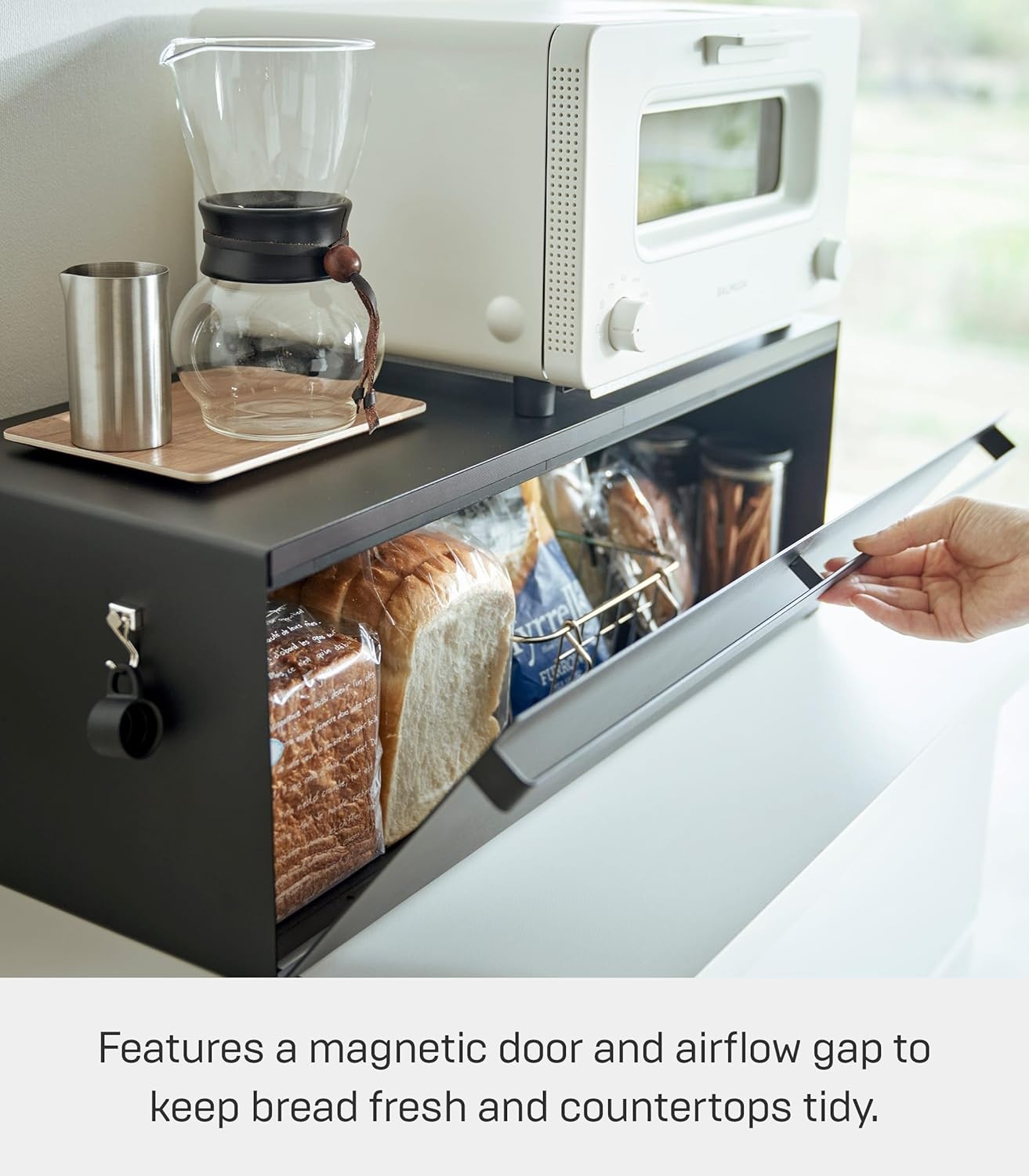 image:imageYAMAZAKI Home Tower Wide Bread Box Keeper Holder Container Metal Bread Holder Saver Large Counter Storage SteelBlack