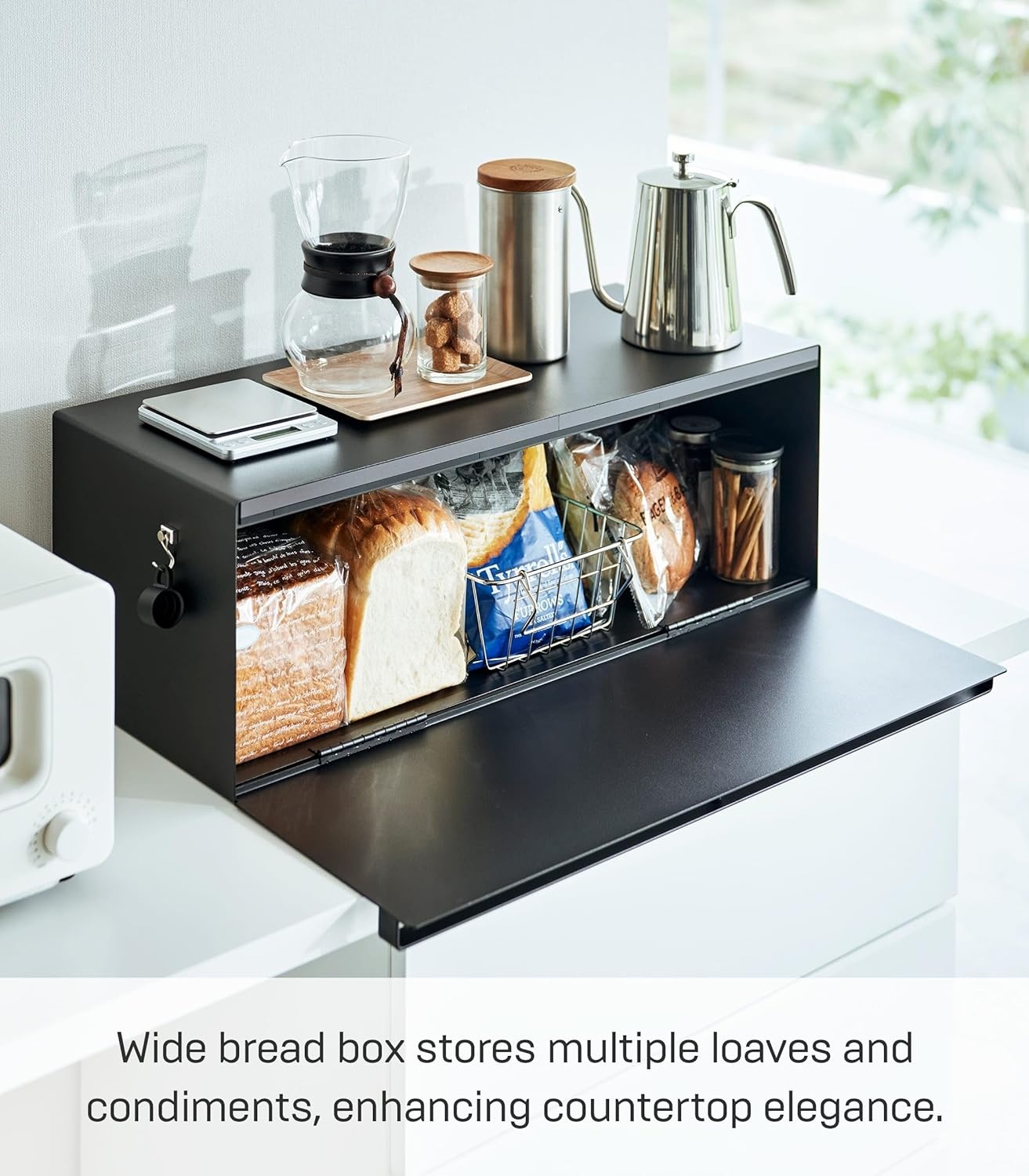image:imageYAMAZAKI Home Tower Wide Bread Box Keeper Holder Container Metal Bread Holder Saver Large Counter Storage SteelBlack
