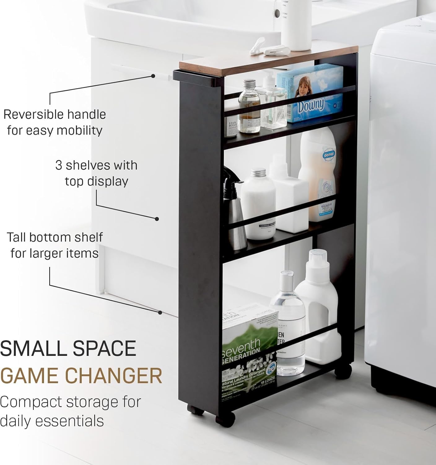 image:imageYAMAZAKI home Tower Rolling Slim Storage Cart With Handle WhiteBlack