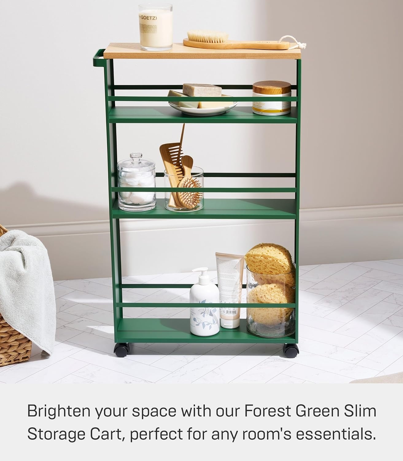 image:imageYAMAZAKI home Tower Rolling Slim Storage Cart With Handle WhiteForest Green