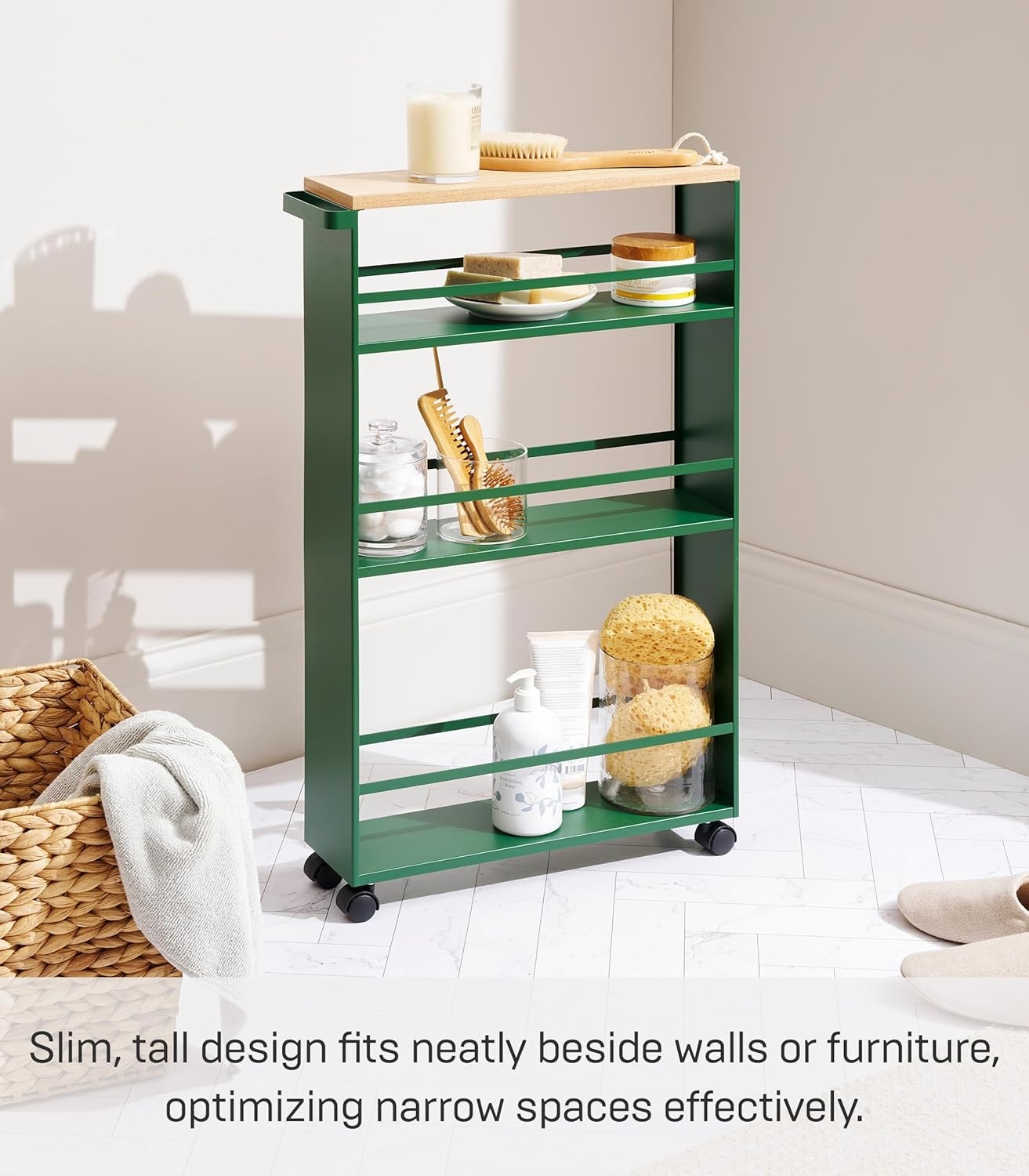 image:imageYAMAZAKI home Tower Rolling Slim Storage Cart With Handle WhiteForest Green